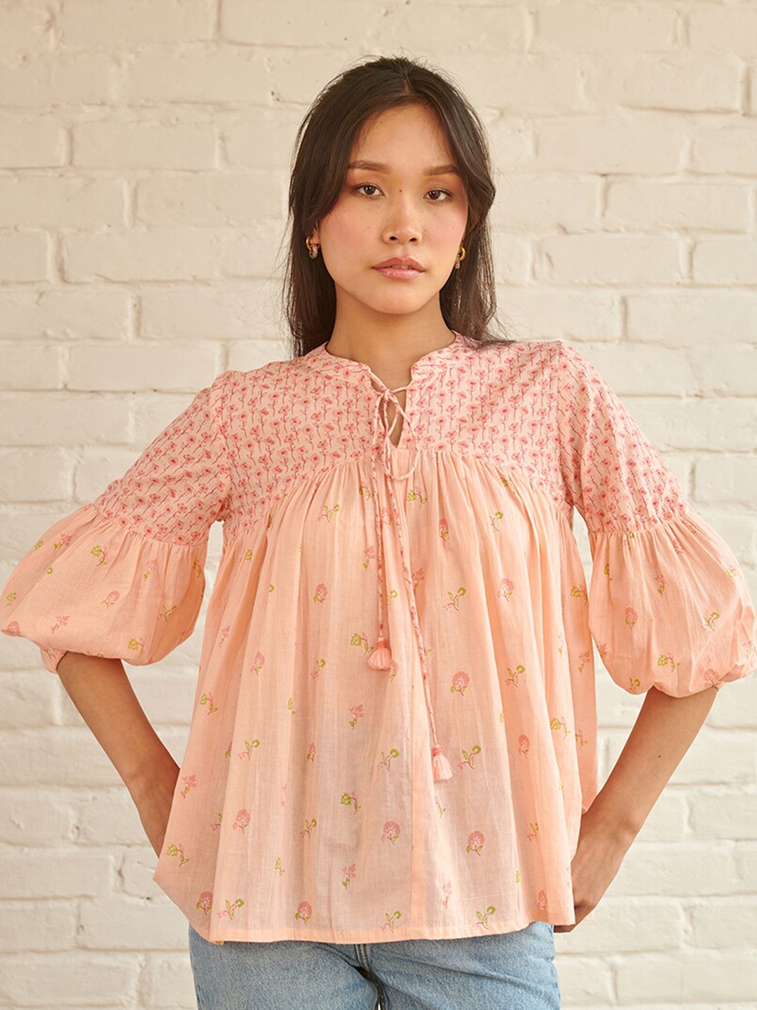 

Prakriti Jaipur Floral Printed Mandarin Collar Gathered Cotton Top, Peach