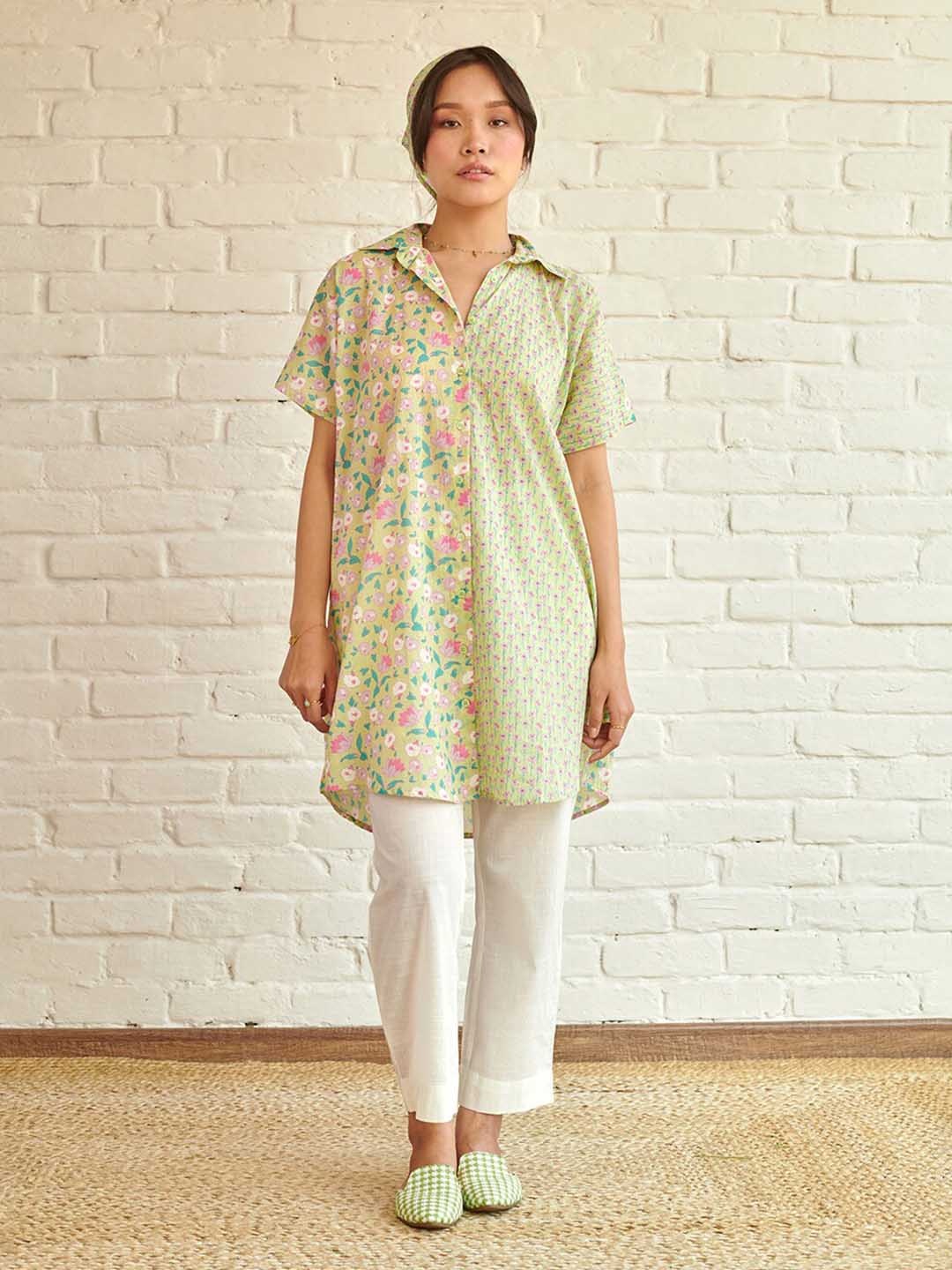 

Prakriti Jaipur Comfort Printed Longline Casual Cotton Oversized Shirt, Green