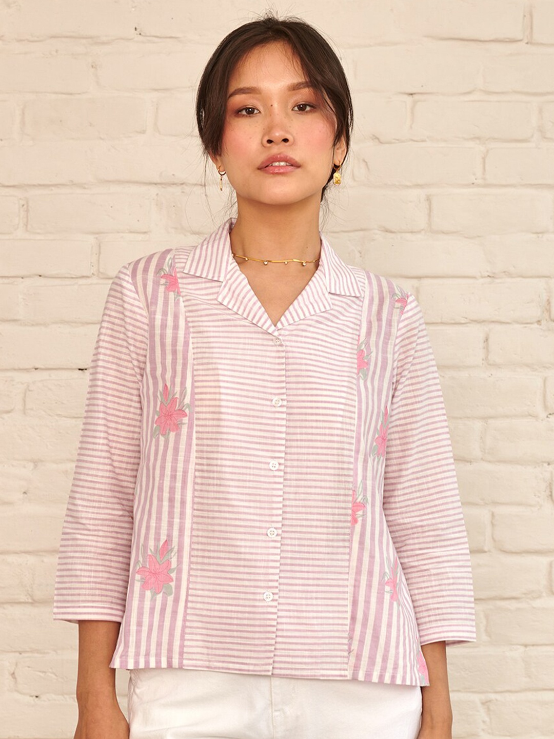 

Prakriti Jaipur Comfort Horizontal Striped Cotton Casual Shirt, Lavender