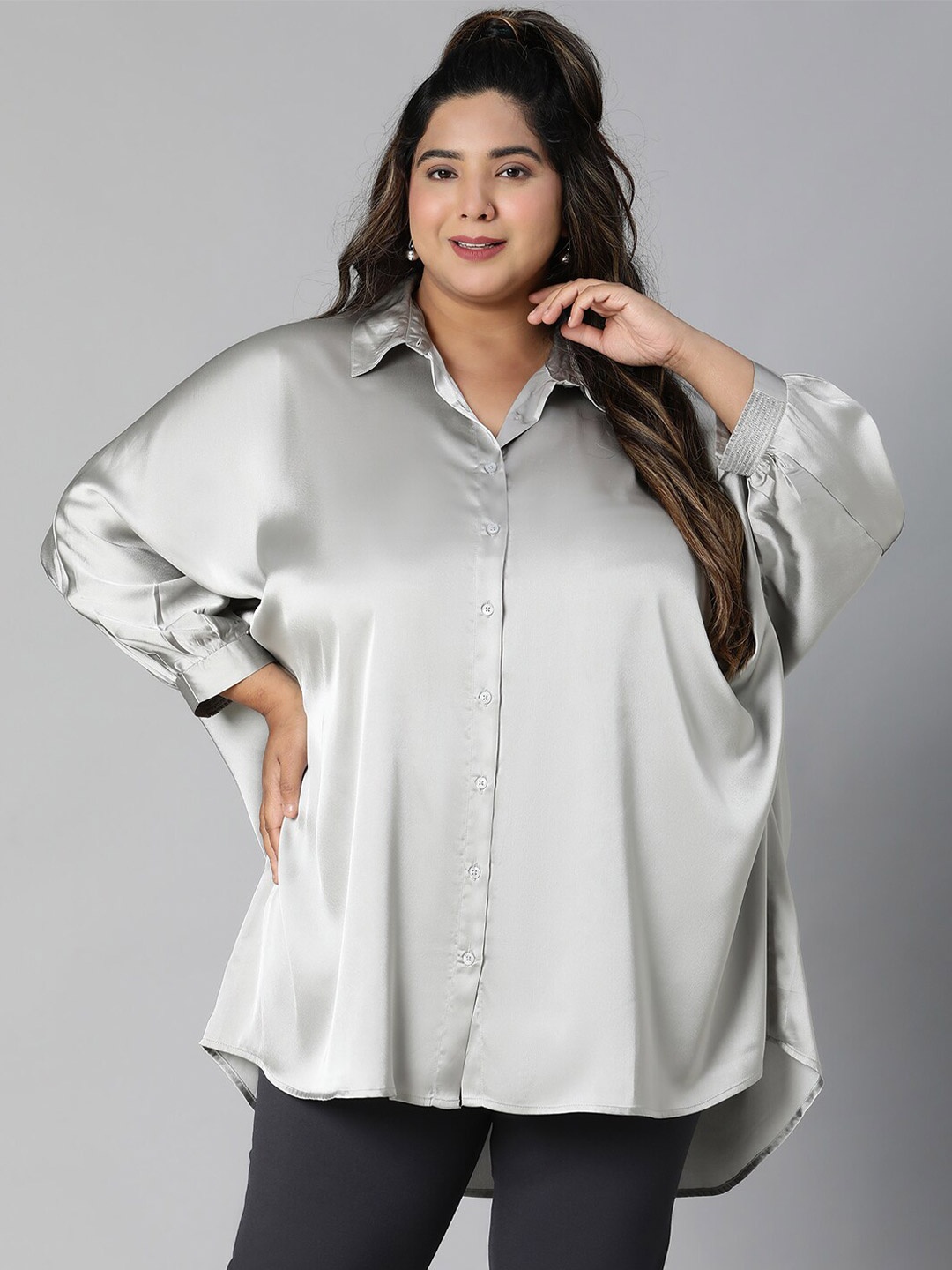 

Oxolloxo Plus Size Relaxed Oversized Satin Casual Shirt, Grey