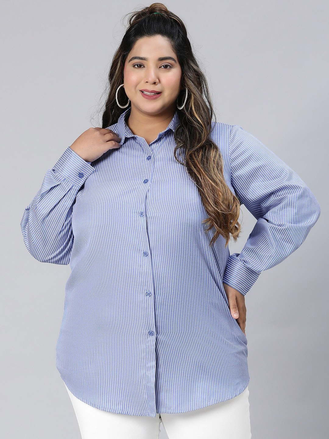 

Oxolloxo Plus Size Relaxed Boxy Vertical Striped Spread Collar Cotton Casual Shirt, Blue