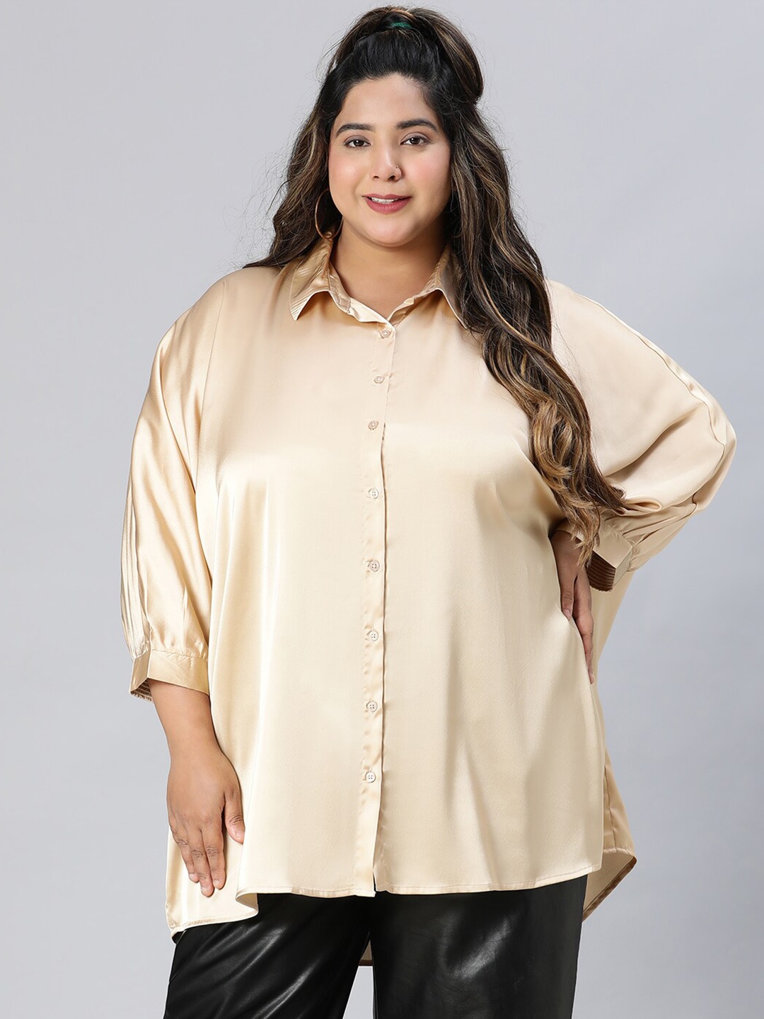 

Oxolloxo Plus Size Relaxed Boxy Casual Shirt, Beige