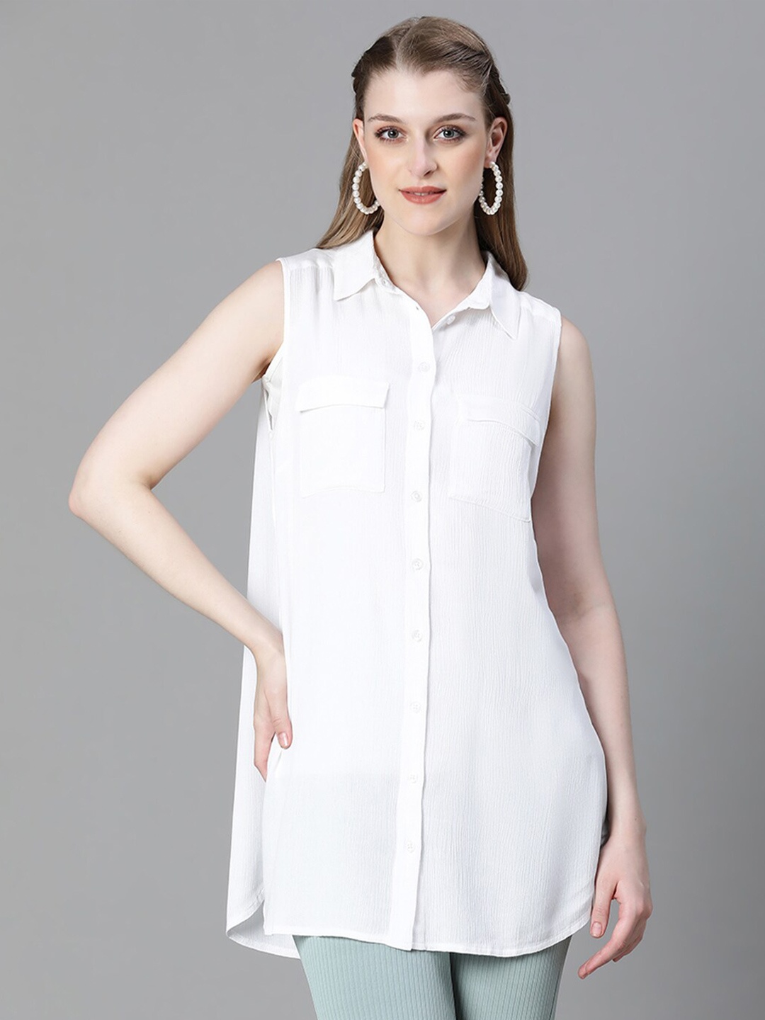 

Oxolloxo Classic Sleeveless Longline Casual Shirt, White