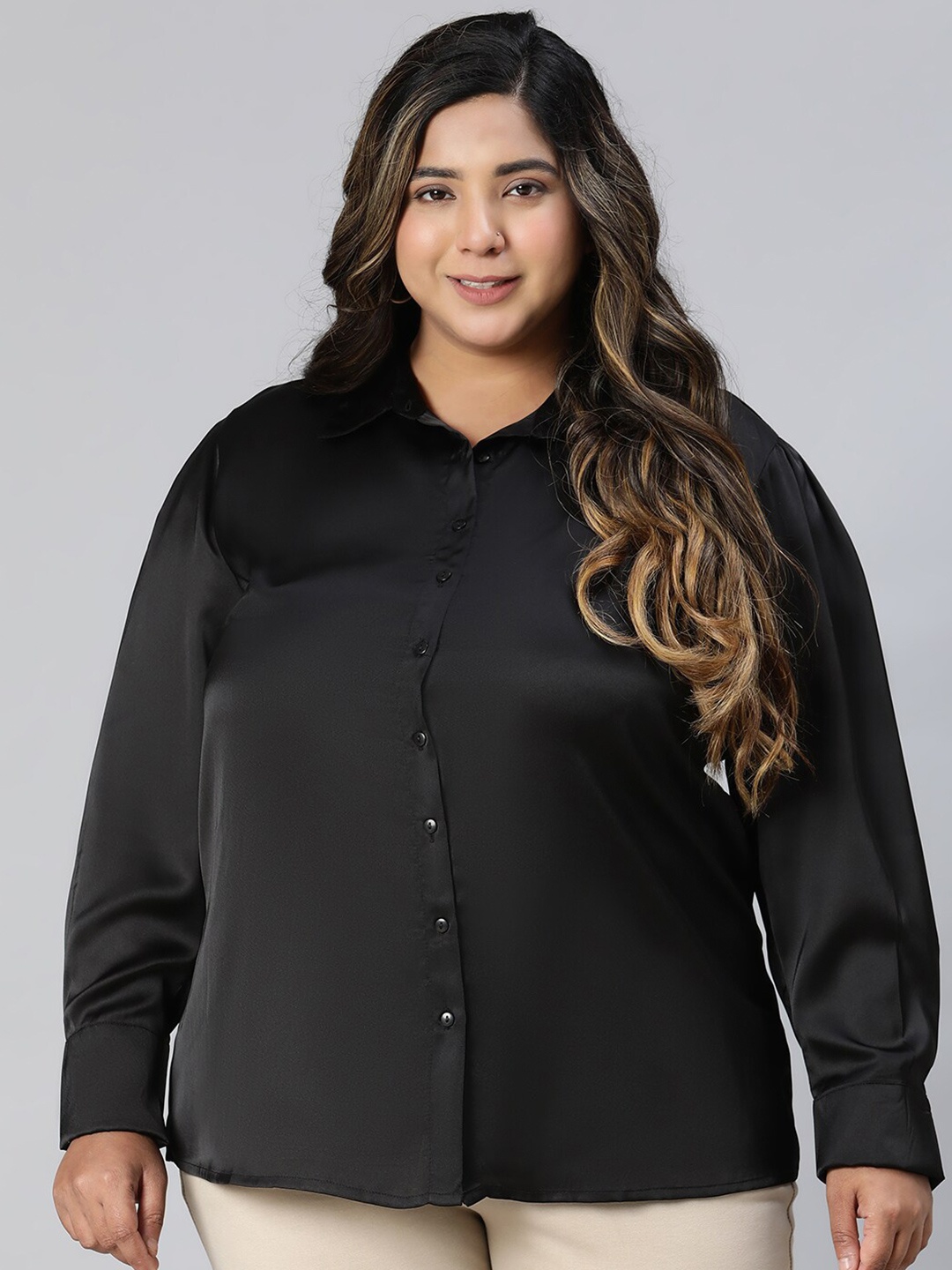 

Oxolloxo Plus Size Relaxed Spread Collar Casual Shirt, Black