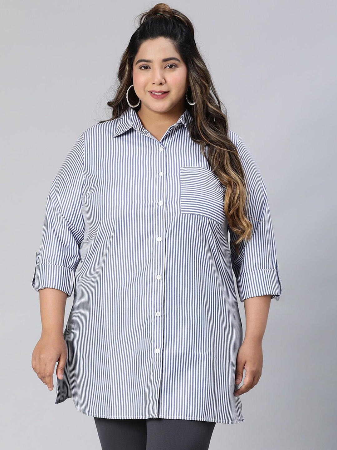 

Oxolloxo Plus Size Relaxed Boxy Striped Cotton Casual Shirt, Blue