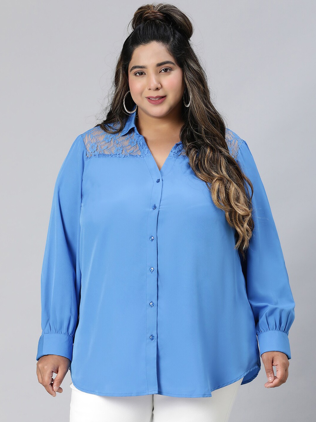 

Oxolloxo Plus Size Relaxed Semi Sheer Casual Shirt, Blue