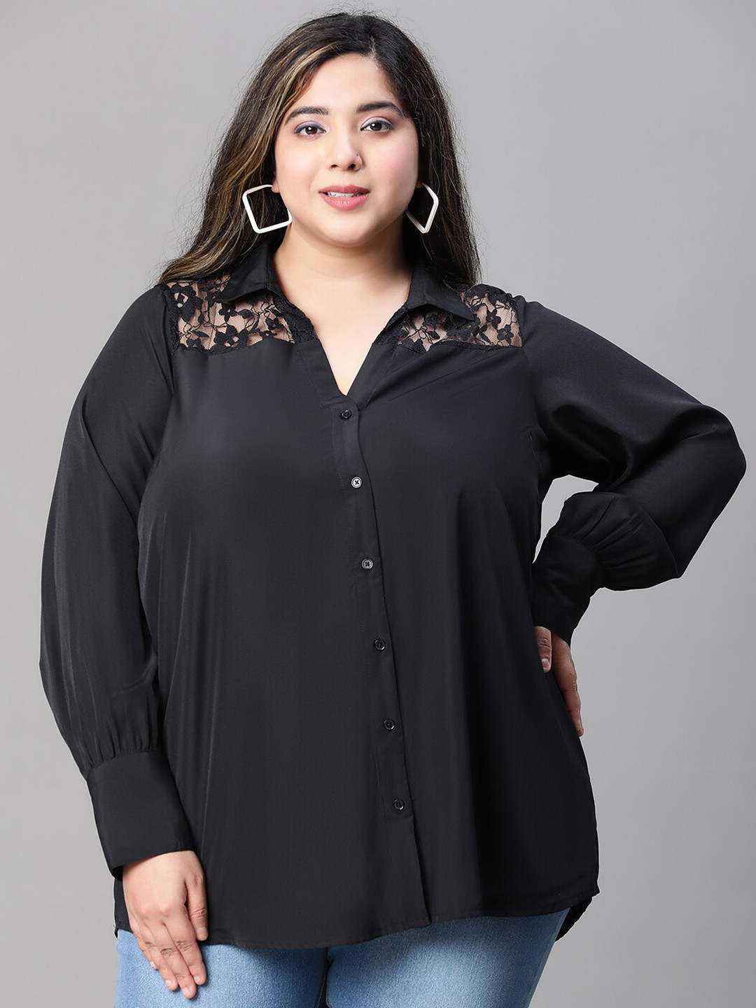 

Oxolloxo Plus Size Relaxed Semi Sheer Casual Shirt, Black