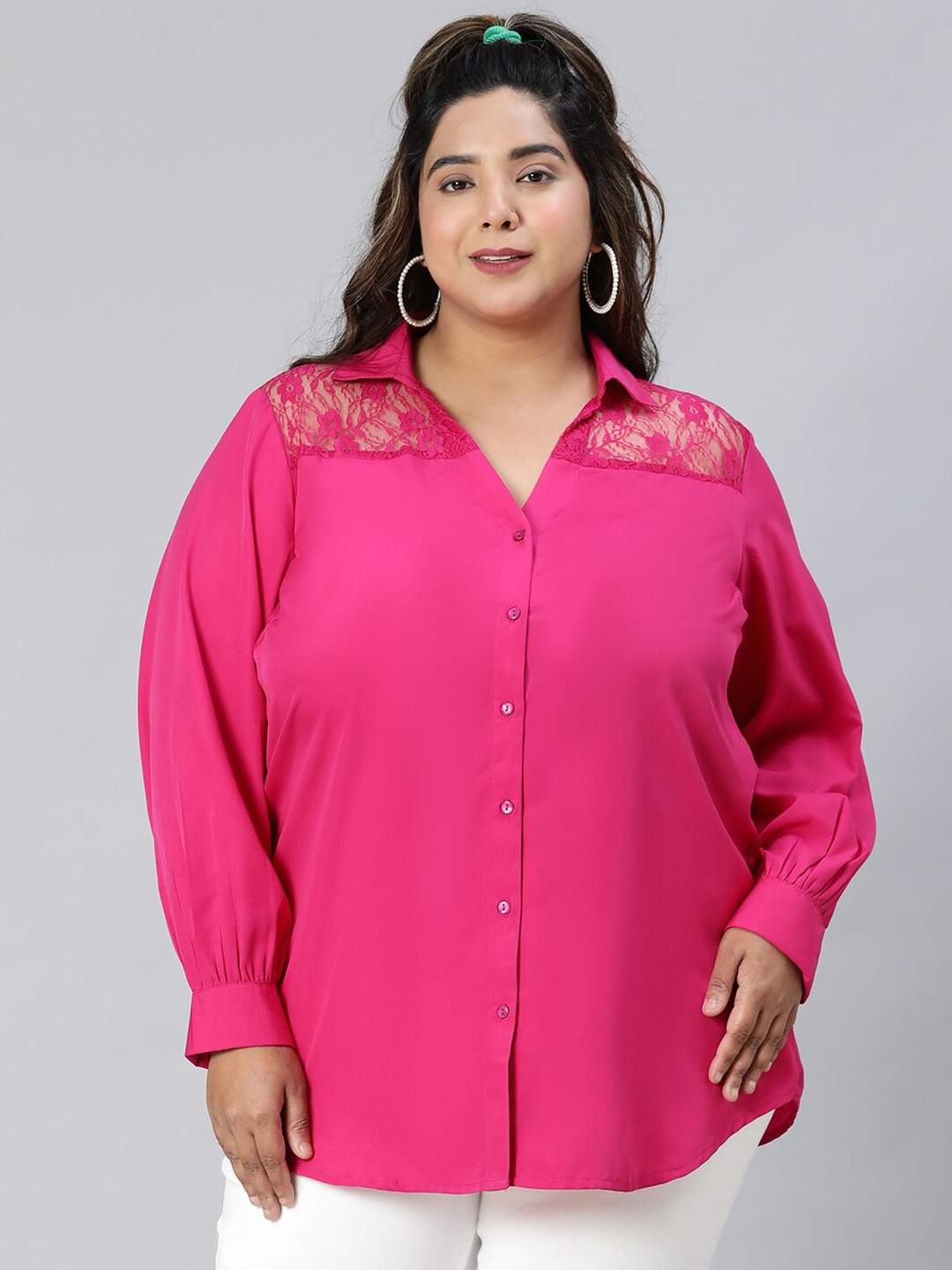

Oxolloxo Plus Size Relaxed Spread Collar Casual Shirt, Pink
