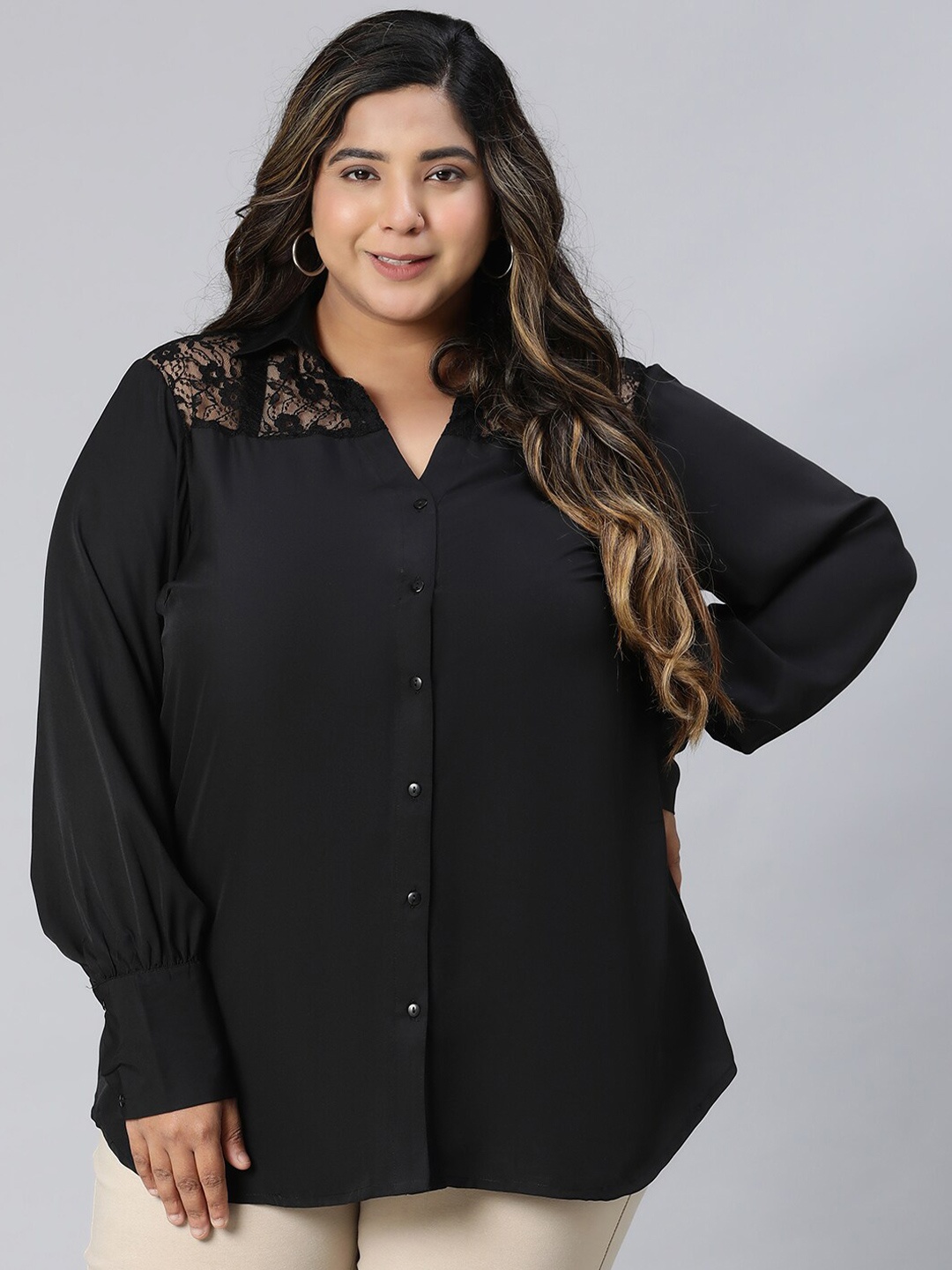 

Oxolloxo Plus Size Relaxed Semi Sheer Casual Shirt, Black