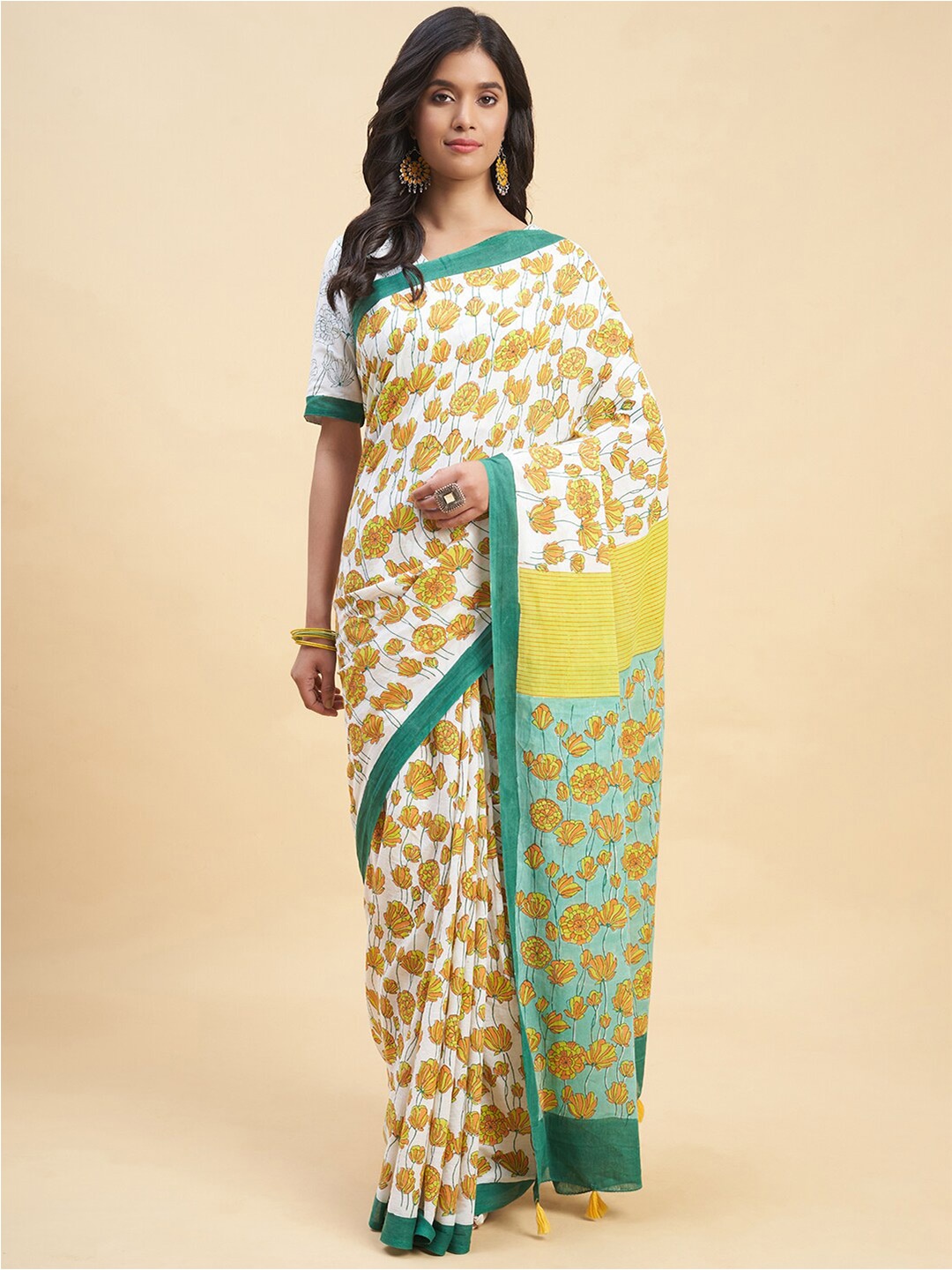 

SootiSyahi Floral Printed Pure Cotton Sanganeri Block Print Saree, Mustard