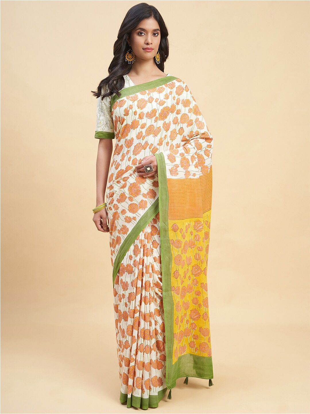 

SootiSyahi Floral Pure Cotton Block Print Saree, Olive