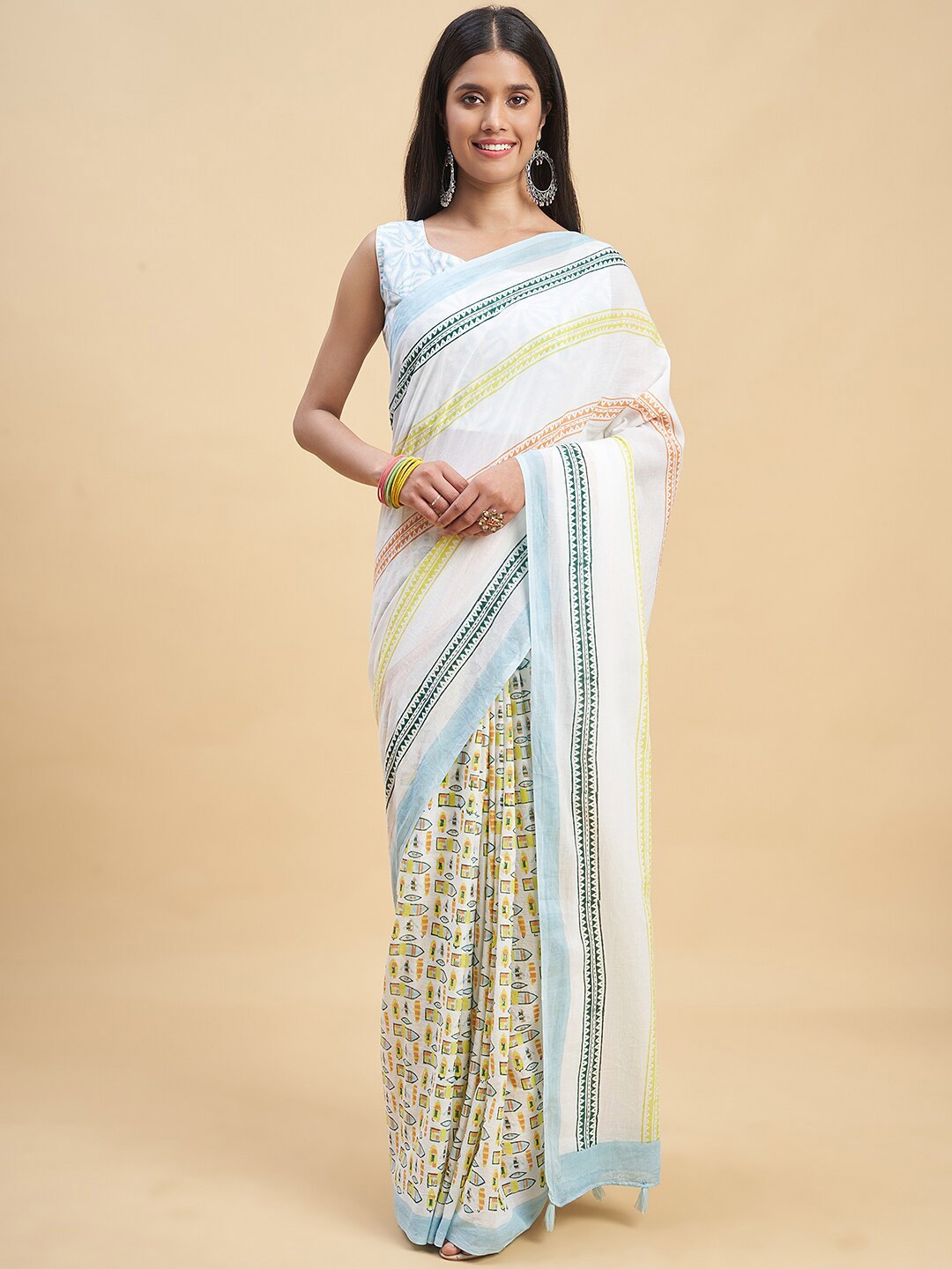

SootiSyahi Geometric Pure Cotton Half and Half Block Print Saree, Blue