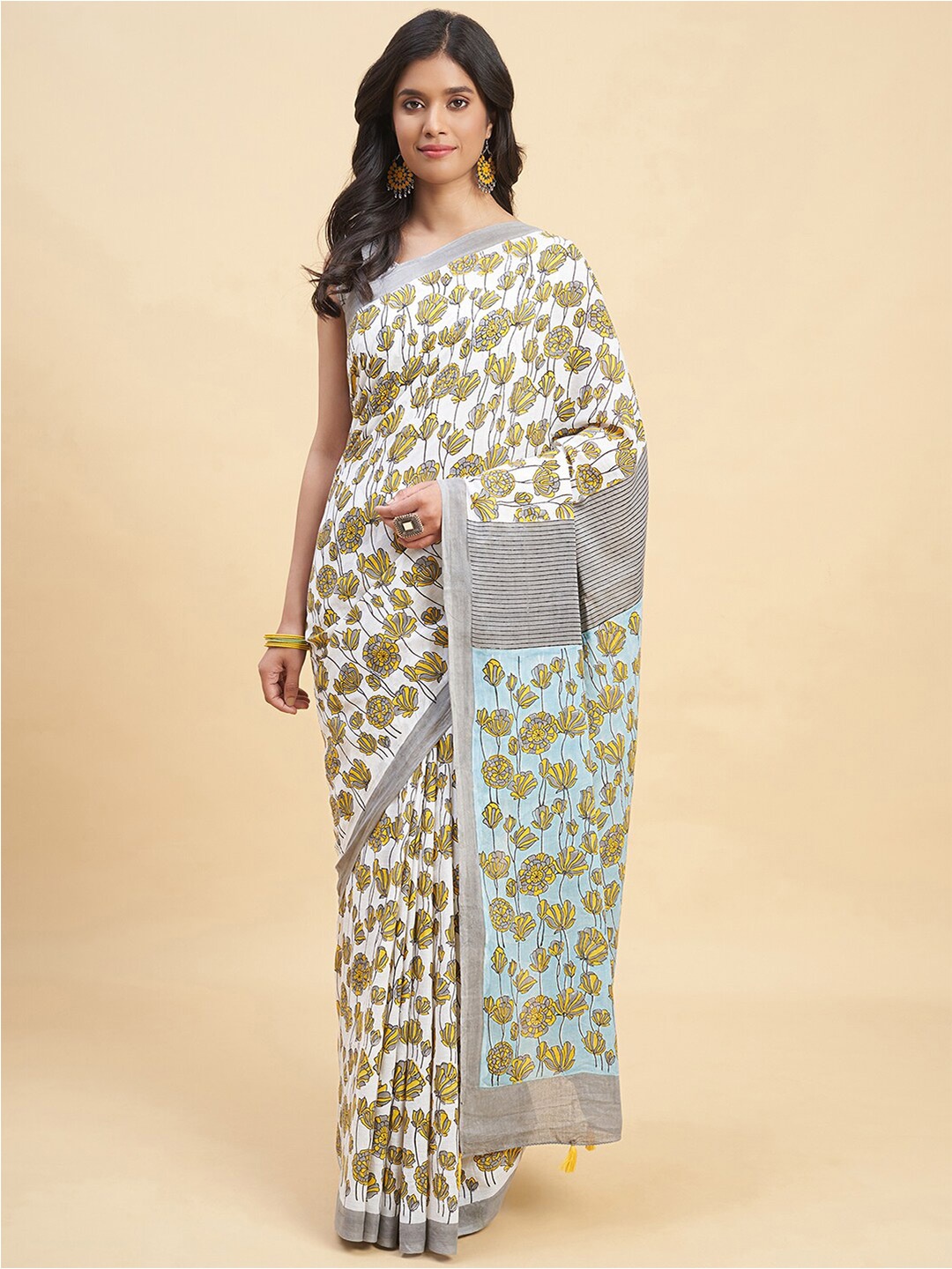 

SootiSyahi Floral Printed Pure Cotton Sanganeri Block Print Saree, Mustard