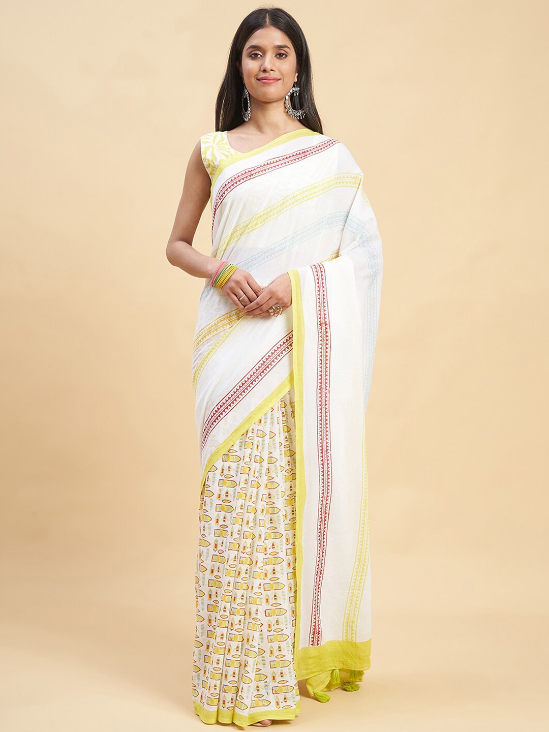 

SootiSyahi Ethnic Motifs Printed Pure Cotton Sanganeri Block Print Saree, Yellow