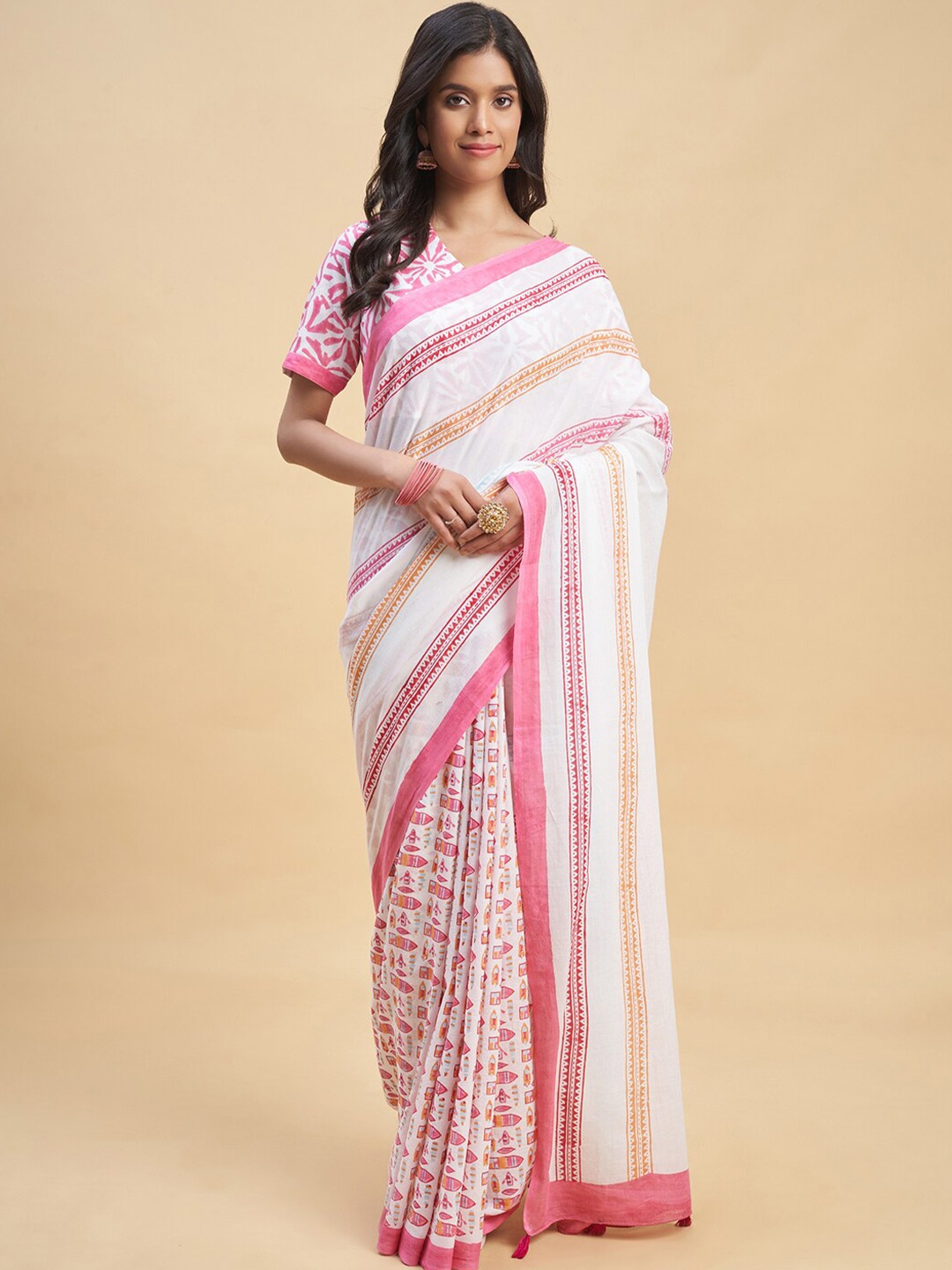 

SootiSyahi Striped Cotton Saree, Pink