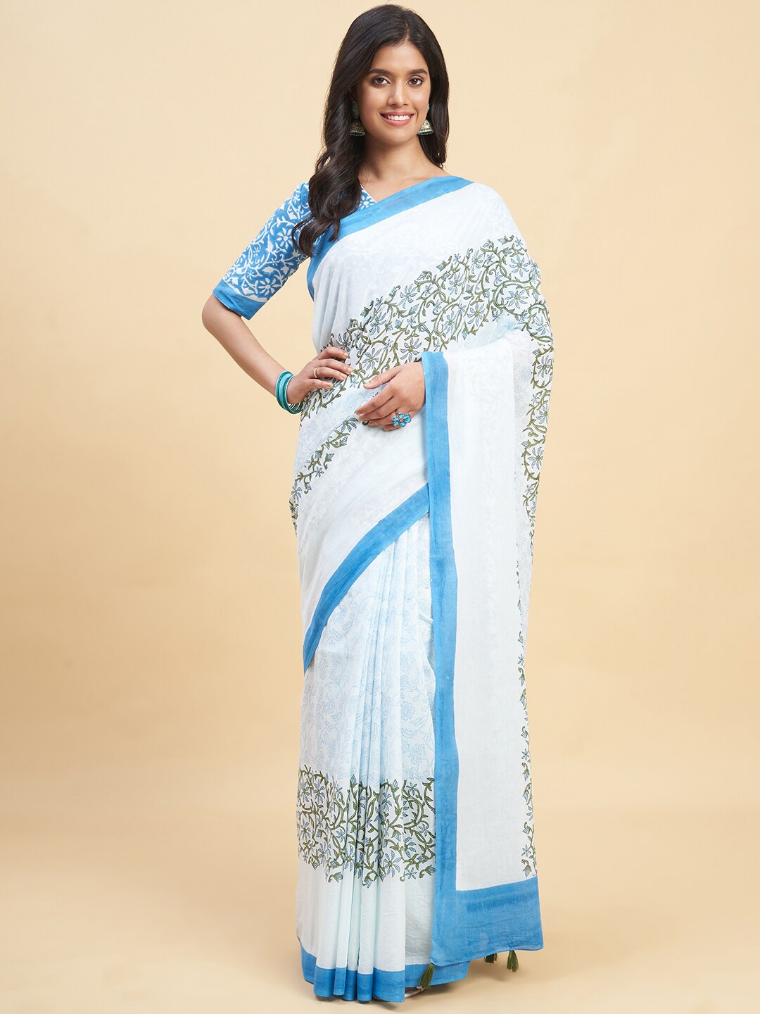 

SootiSyahi Floral Printed Pure Cotton Block Print Saree, Olive