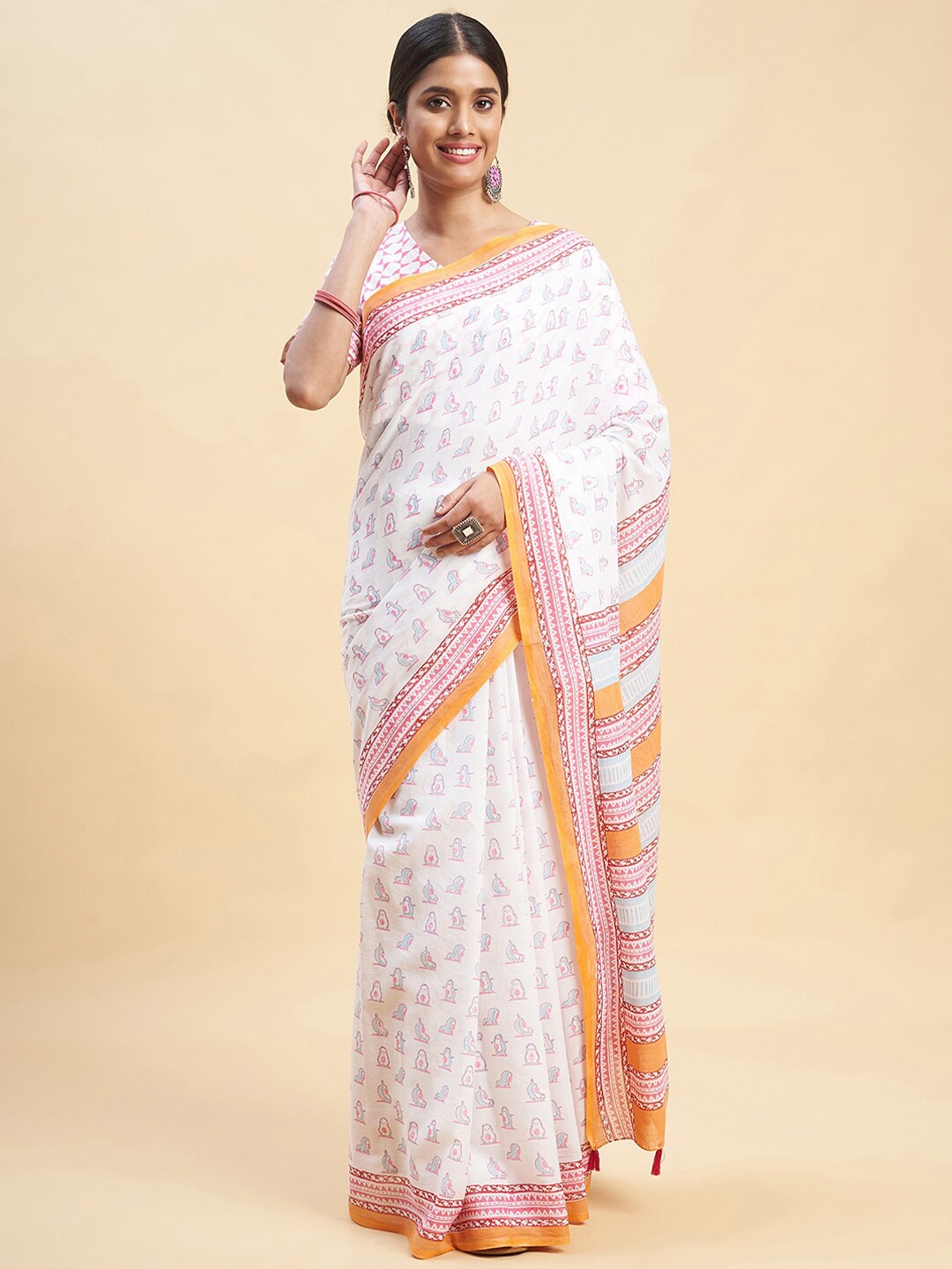 

SootiSyahi Abstract Printed Pure Cotton Sanganeri Block Print Saree, Orange