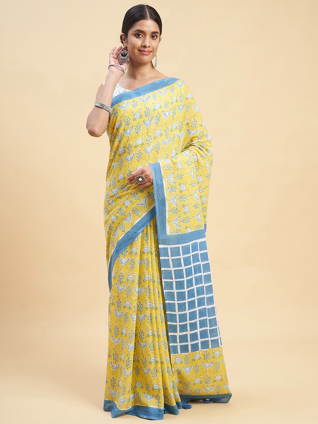 

SootiSyahi Abstract Printed Pure Cotton Sanganeri Block Print Saree, Blue