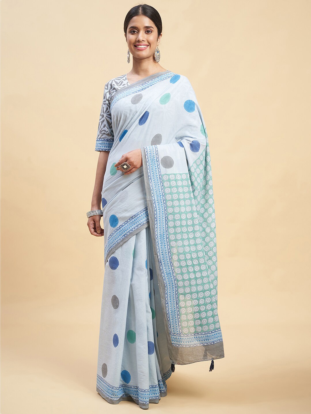 

SootiSyahi Geometric Printed Pure Cotton Block Print Saree, Blue