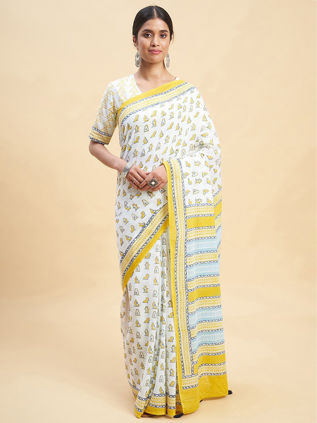 

SootiSyahi Abstract Pure Cotton Block Print Saree, Yellow