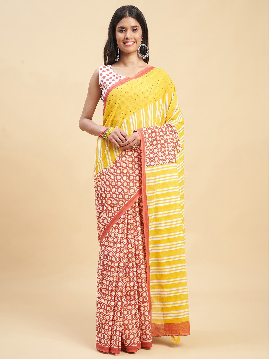 

SootiSyahi Striped Pure Cotton Block Print Saree, Orange