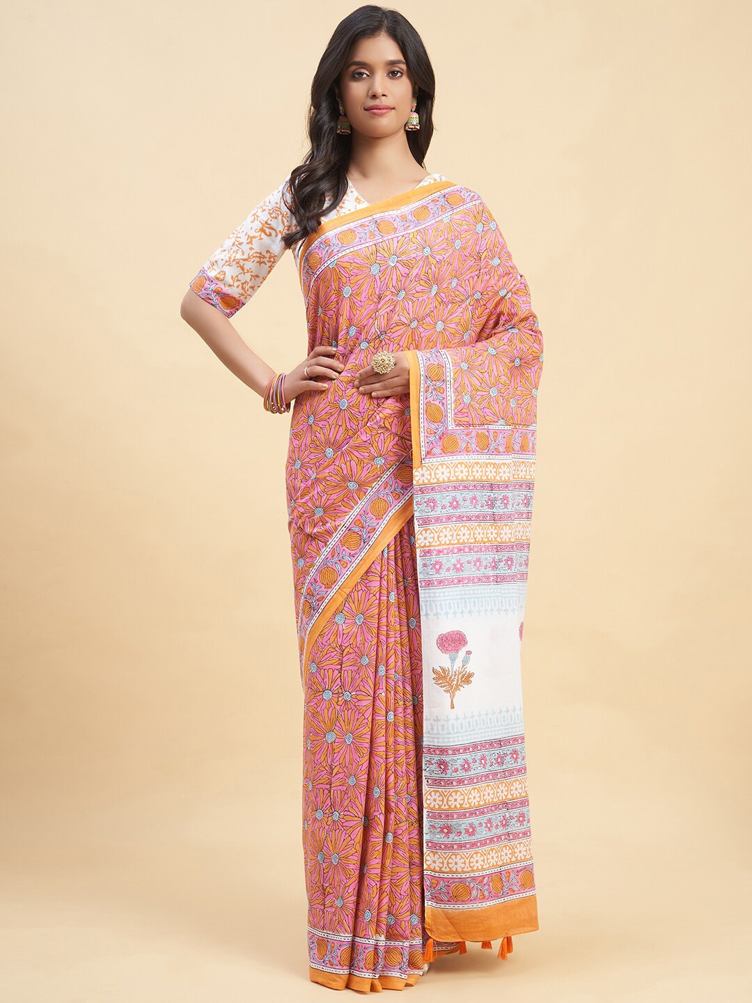 

SootiSyahi Floral Printed Pure Cotton Sanganeri Block Print Saree, Pink