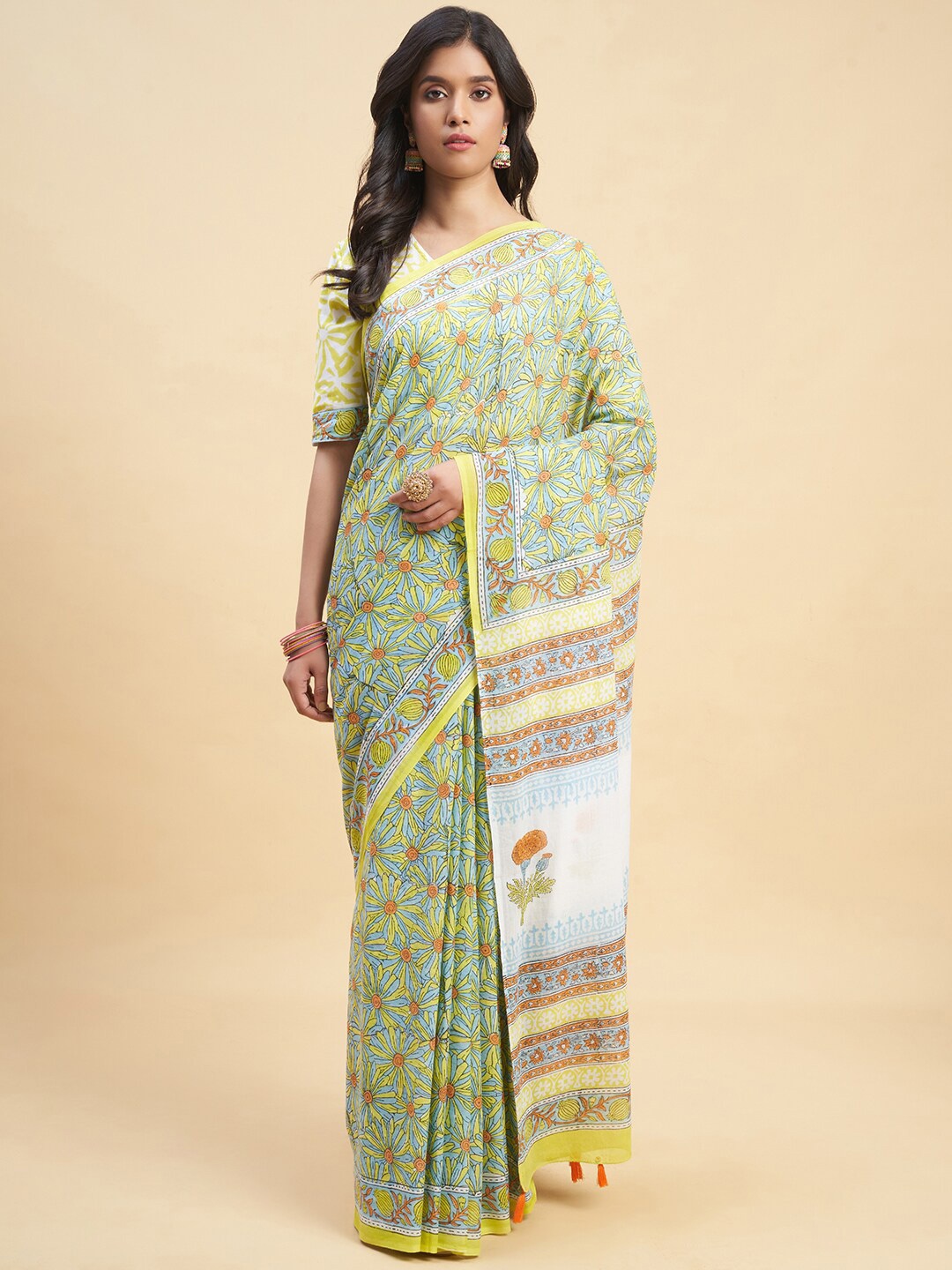 

SootiSyahi Floral Printed Pure Cotton Sanganeri Block Print Saree, Yellow
