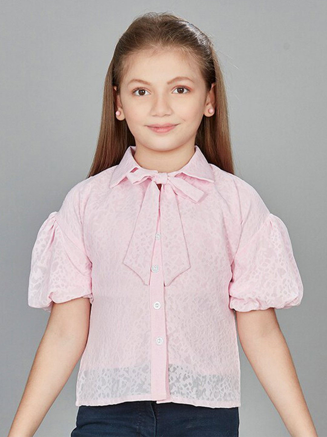 

Peppermint Girls Self Design Tie-Up Neck Puff Sleeve Shirt Style Top, Pink