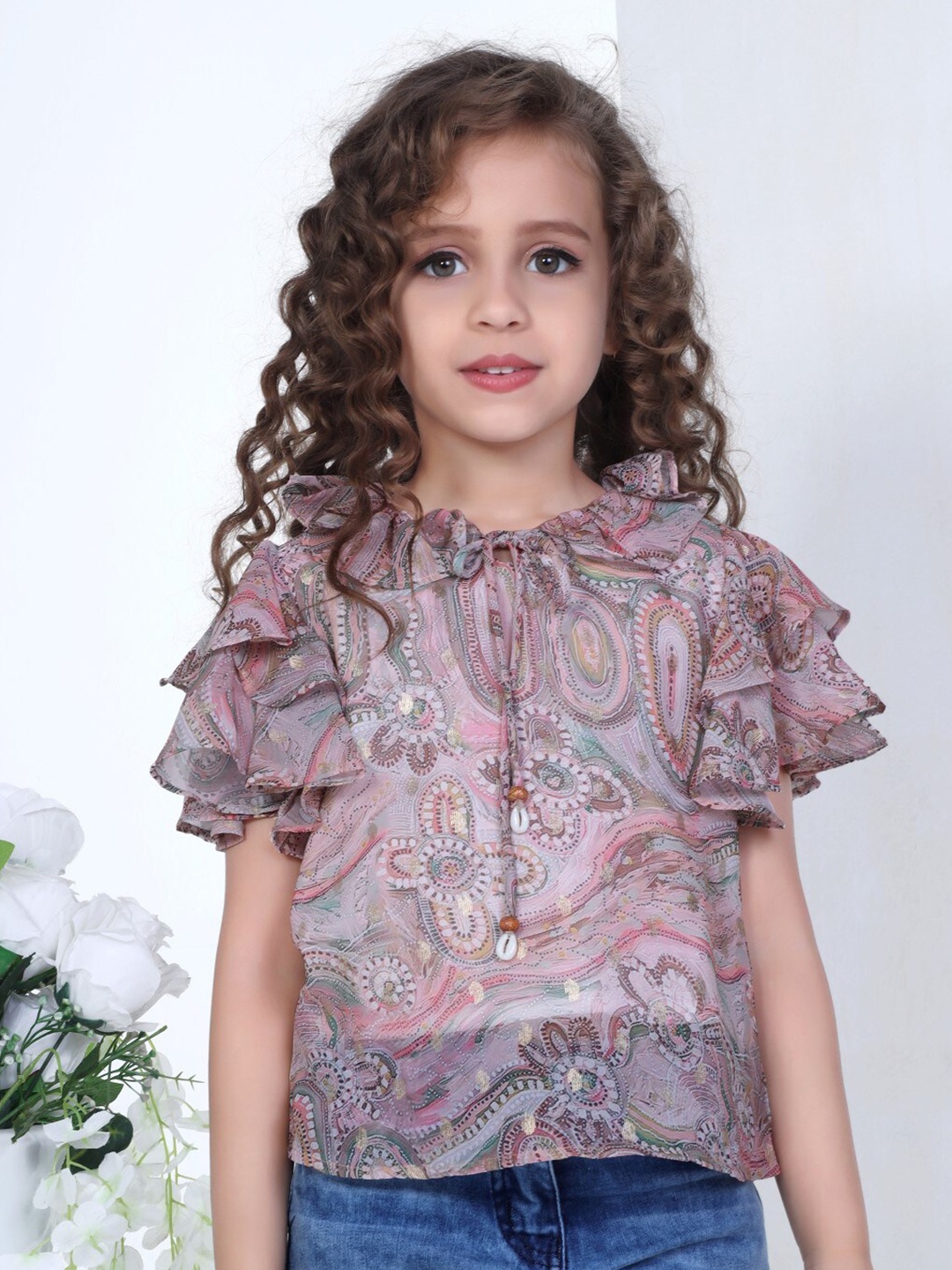 

Peppermint Kids-Girls Floral Printed Tie-Up Neck Casual Top, Brown