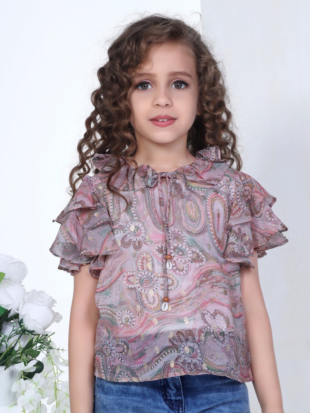 

Peppermint Kids-Girls Floral Printed Tie-Up Neck Casual Top, Brown