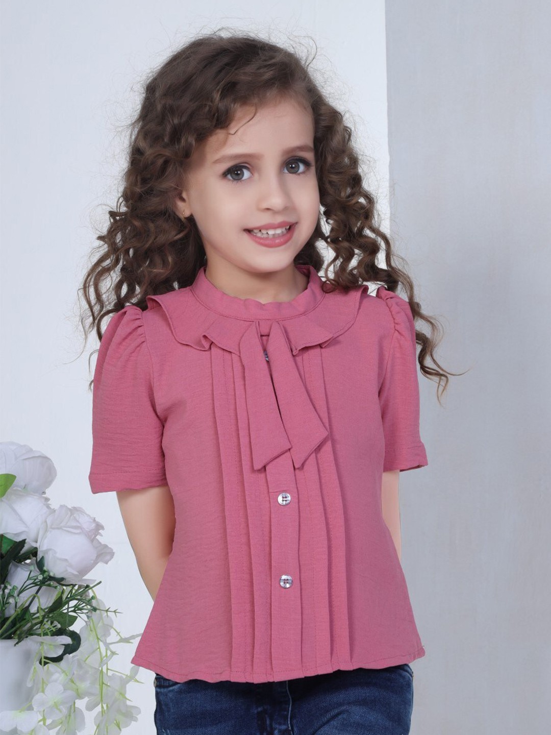 

Peppermint Girls Short Sleeves Tie-Up Neck Top, Pink