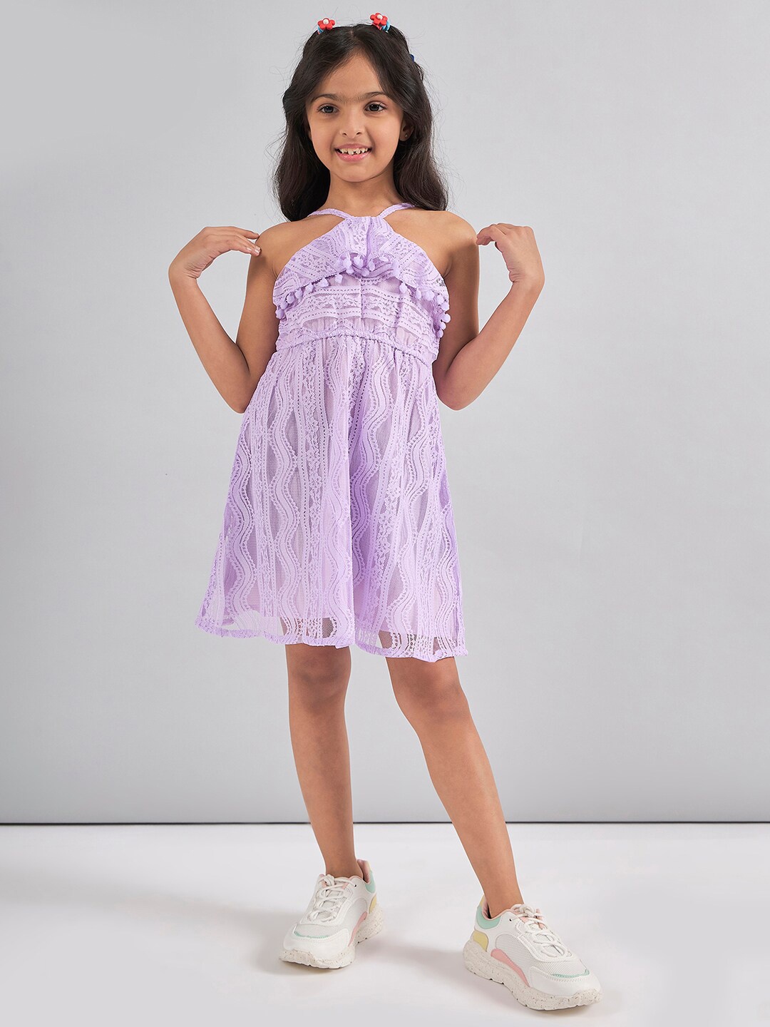 

Stylo Bug Girls Self Design Shoulder Straps Lace Fit & Flare Dress, Purple