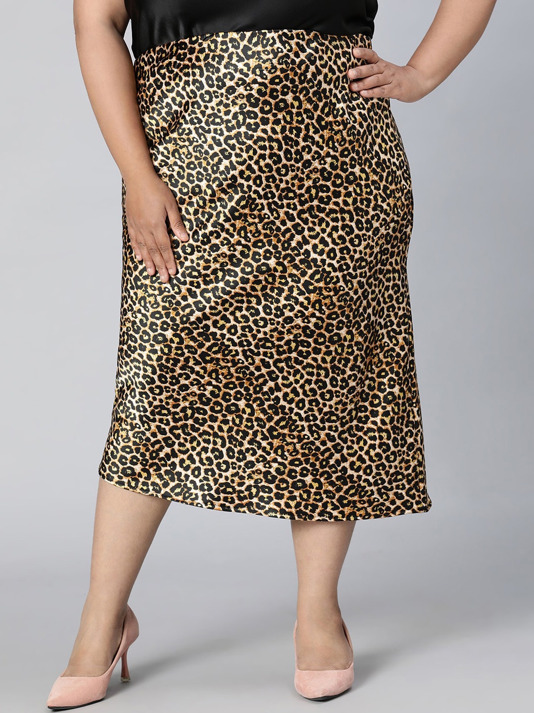 

Oxolloxo Plus Size Animal Skin Printed Midi Skirt, Brown