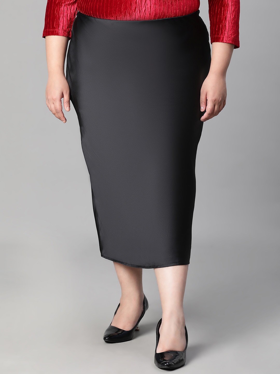 

Oxolloxo Plus Size Satin Pencil Midi Skirts, Black