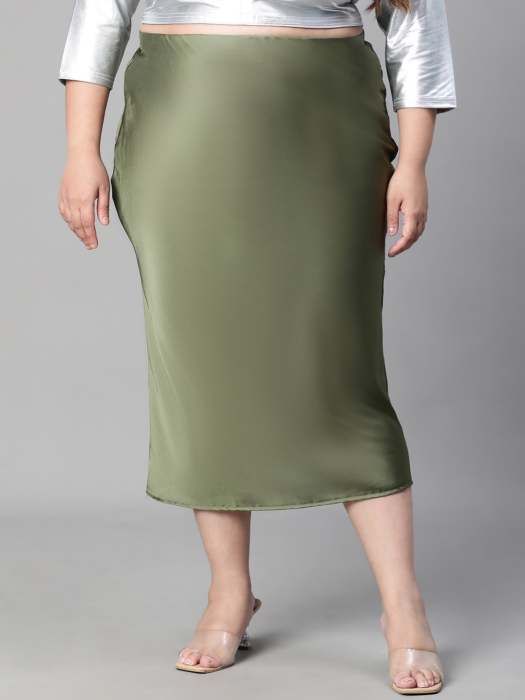 Oxolloxo Plus Size Satin Pencil Midi Skirts, Green