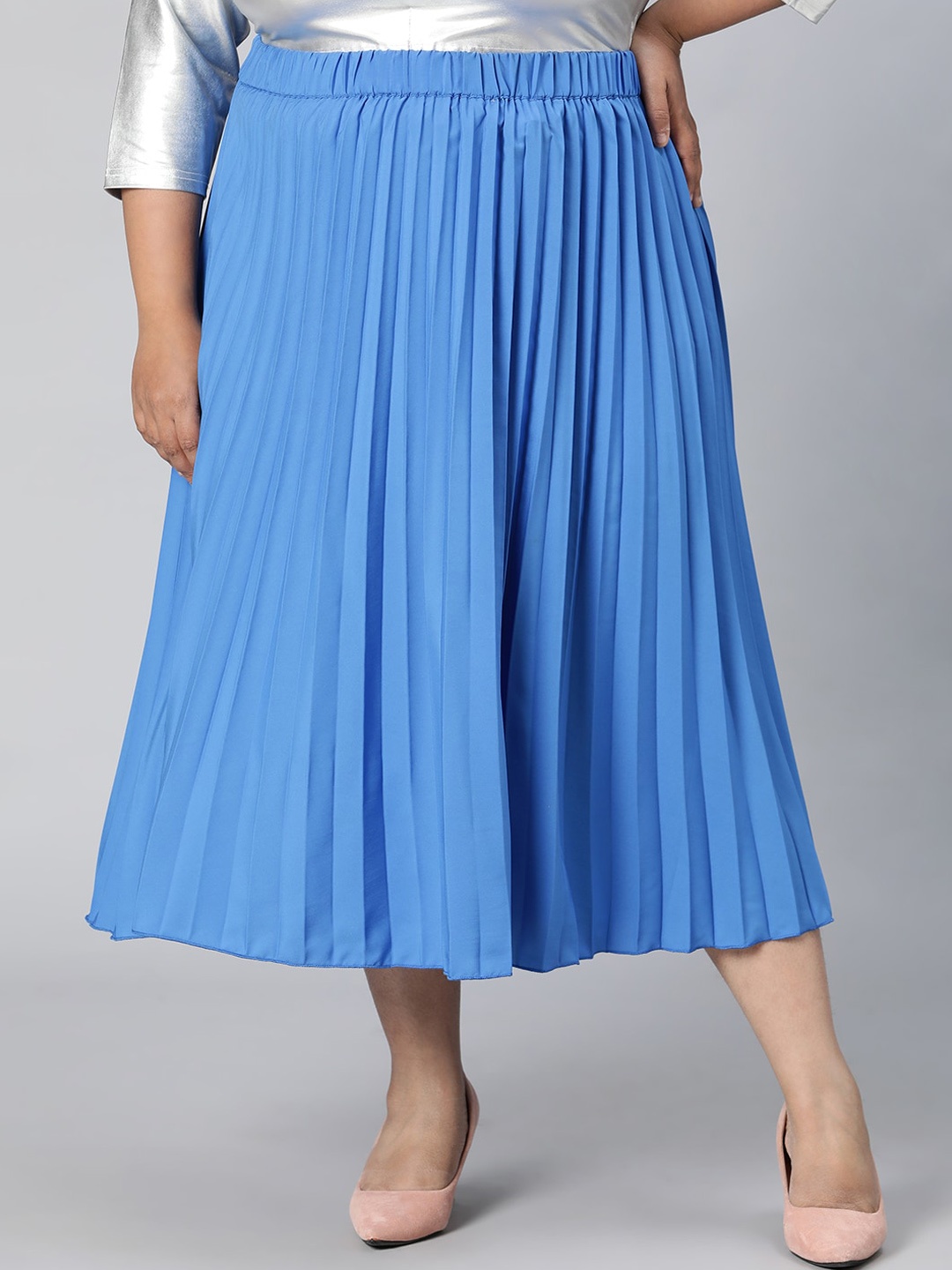 

Oxolloxo Pleated Tiered Plus Size Midi Skirts, Blue