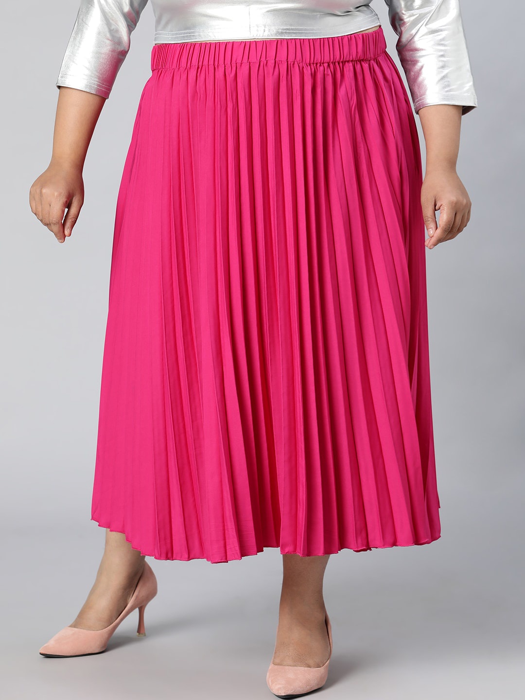 

Oxolloxo Accordion Pleats Plus Size Midi Skirts, Pink