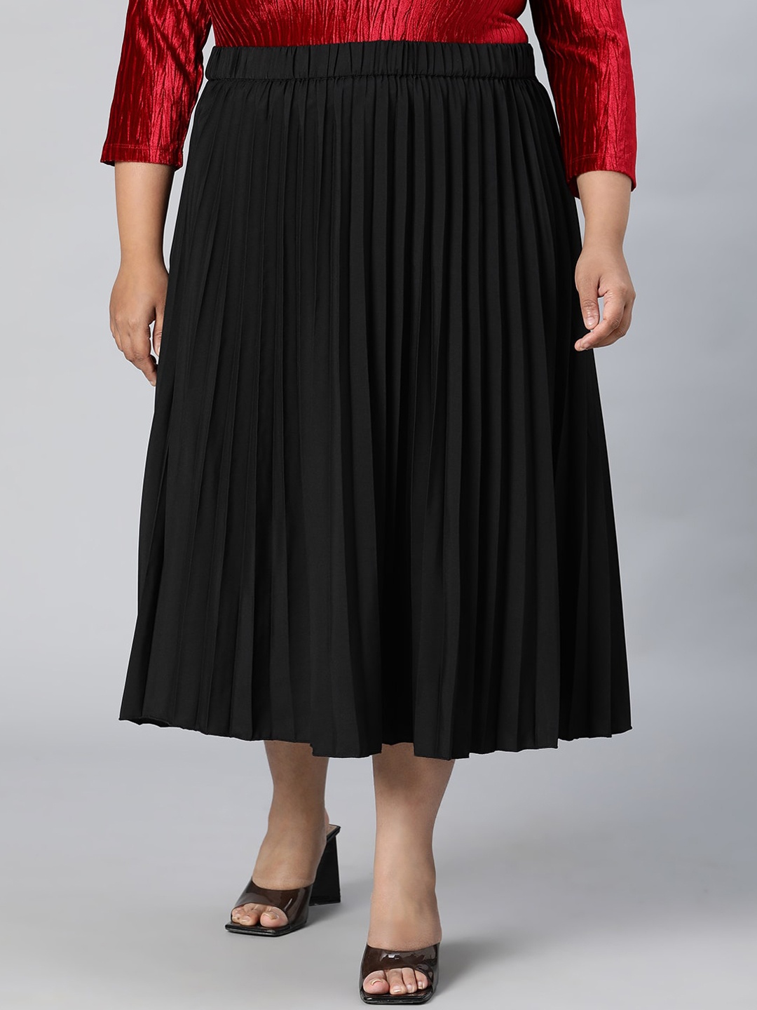 

Oxolloxo Plus Size Pleated Midi Flared Plus Size Skirt, Black