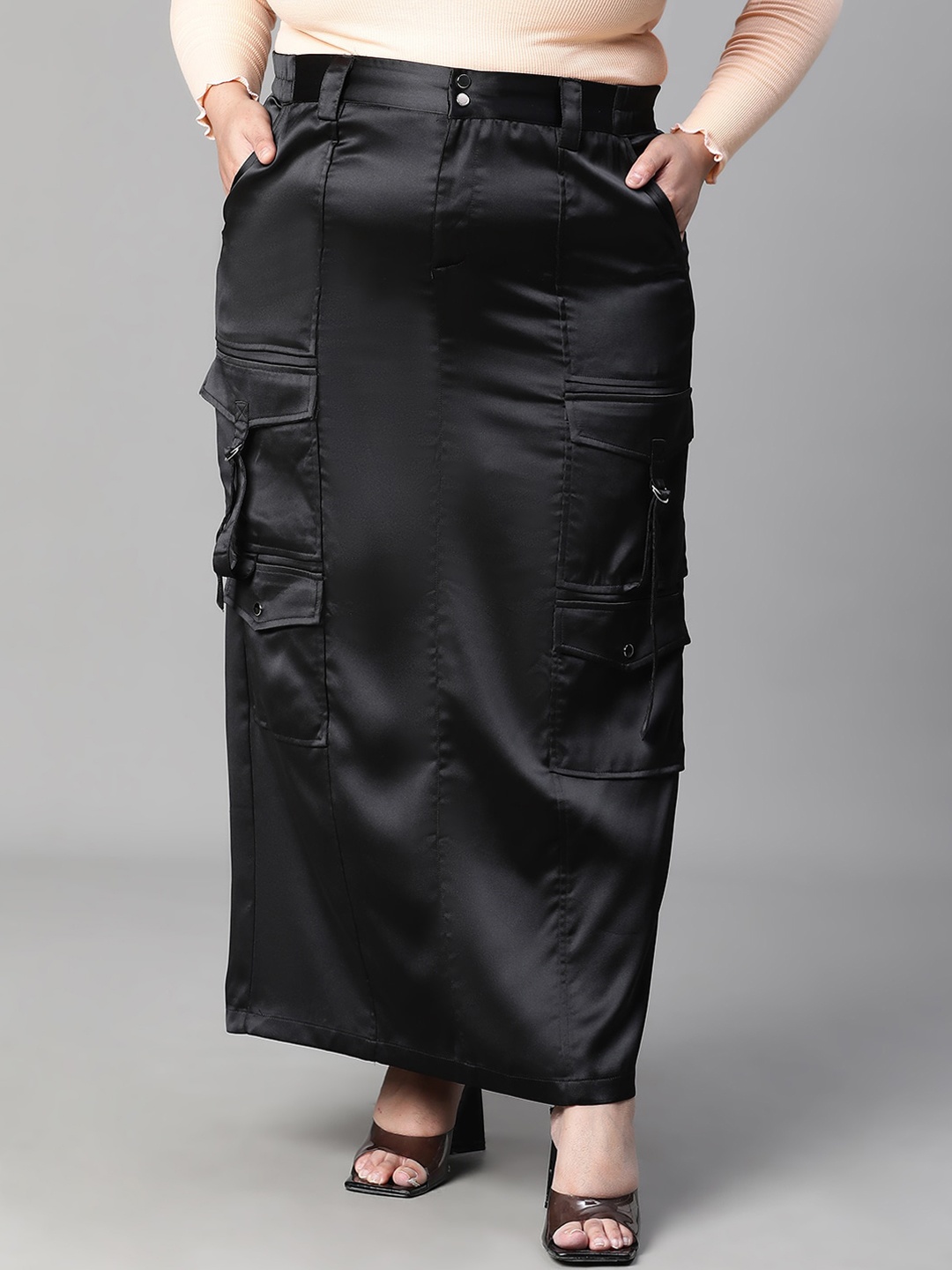 

Oxolloxo Plus Size Satin Straight Midi Skirts, Black