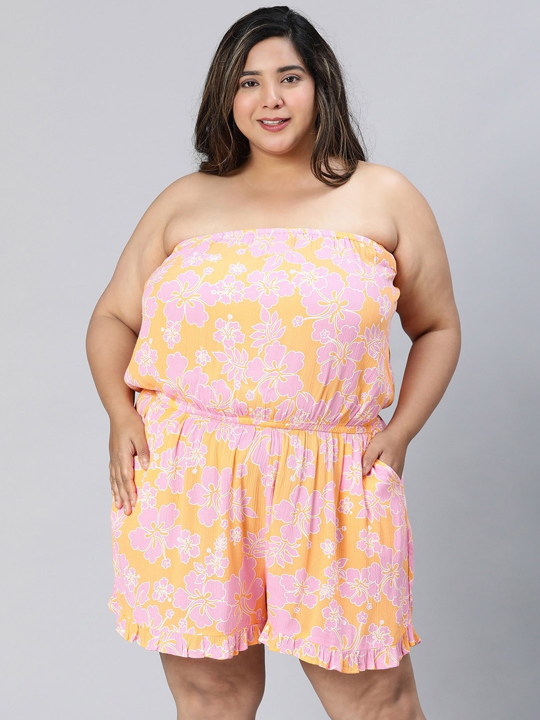 

Oxolloxo Plus Size Floral Printed Playsuit, Yellow