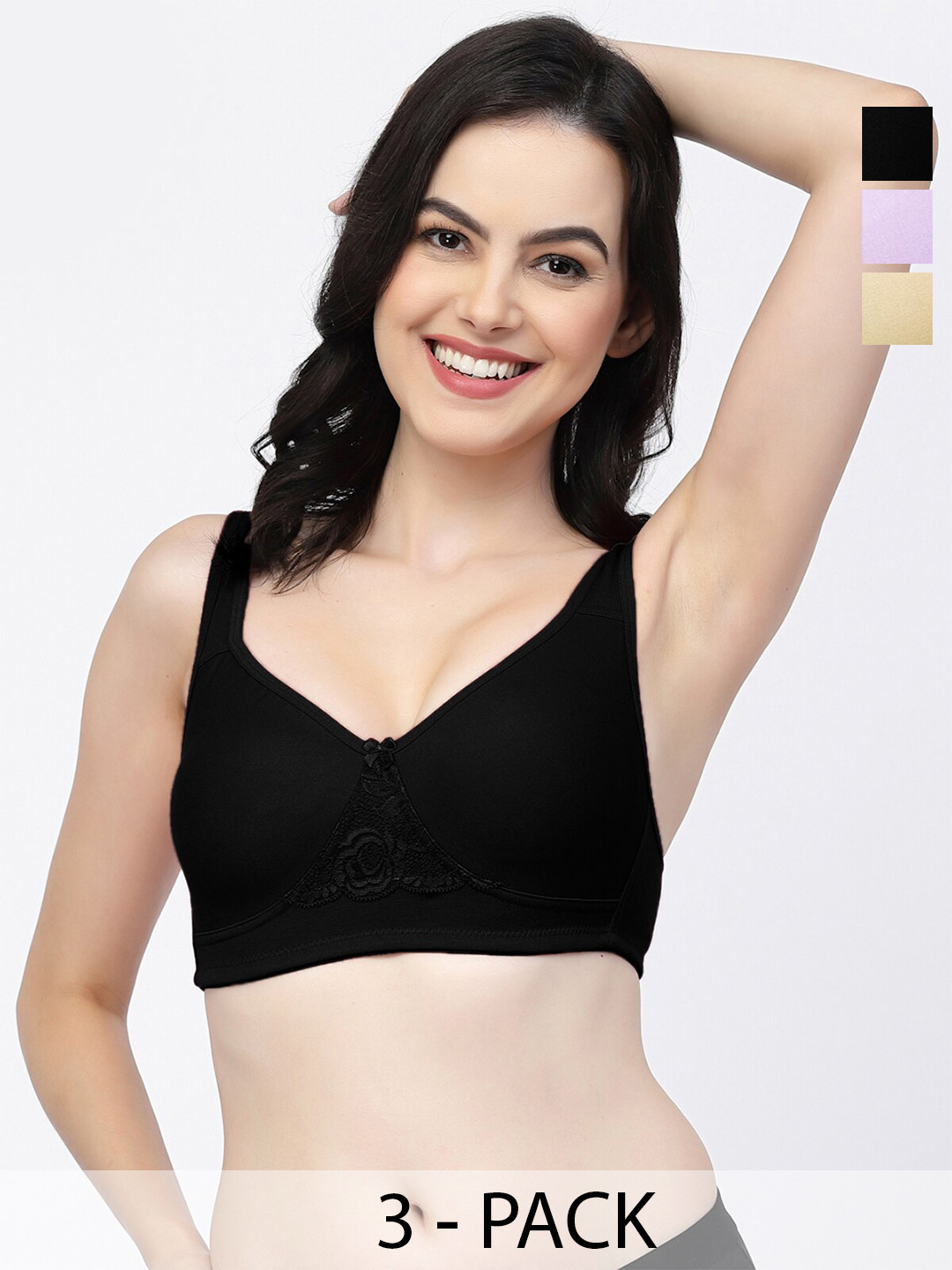 

College Girl Pack Of 3 Full Coverage Seamless Cotton T-shirt Bra With All Day Comfort, Black