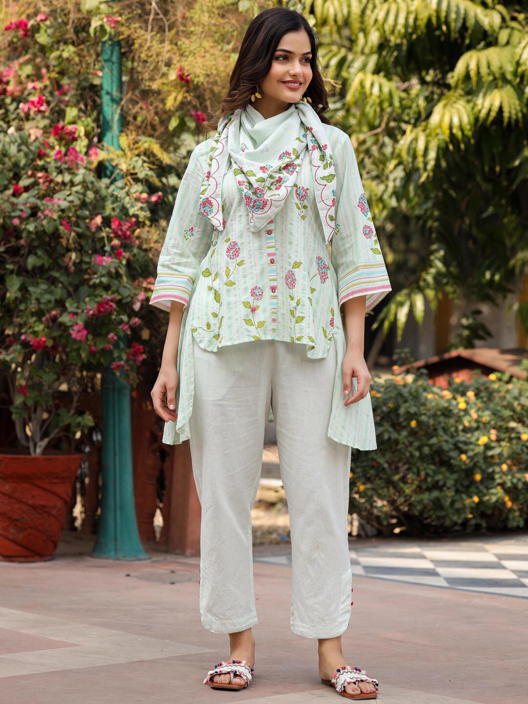 

Juniper Floral Printed Mandarin Collar Cotton Top & Trouser with Scarf, Green