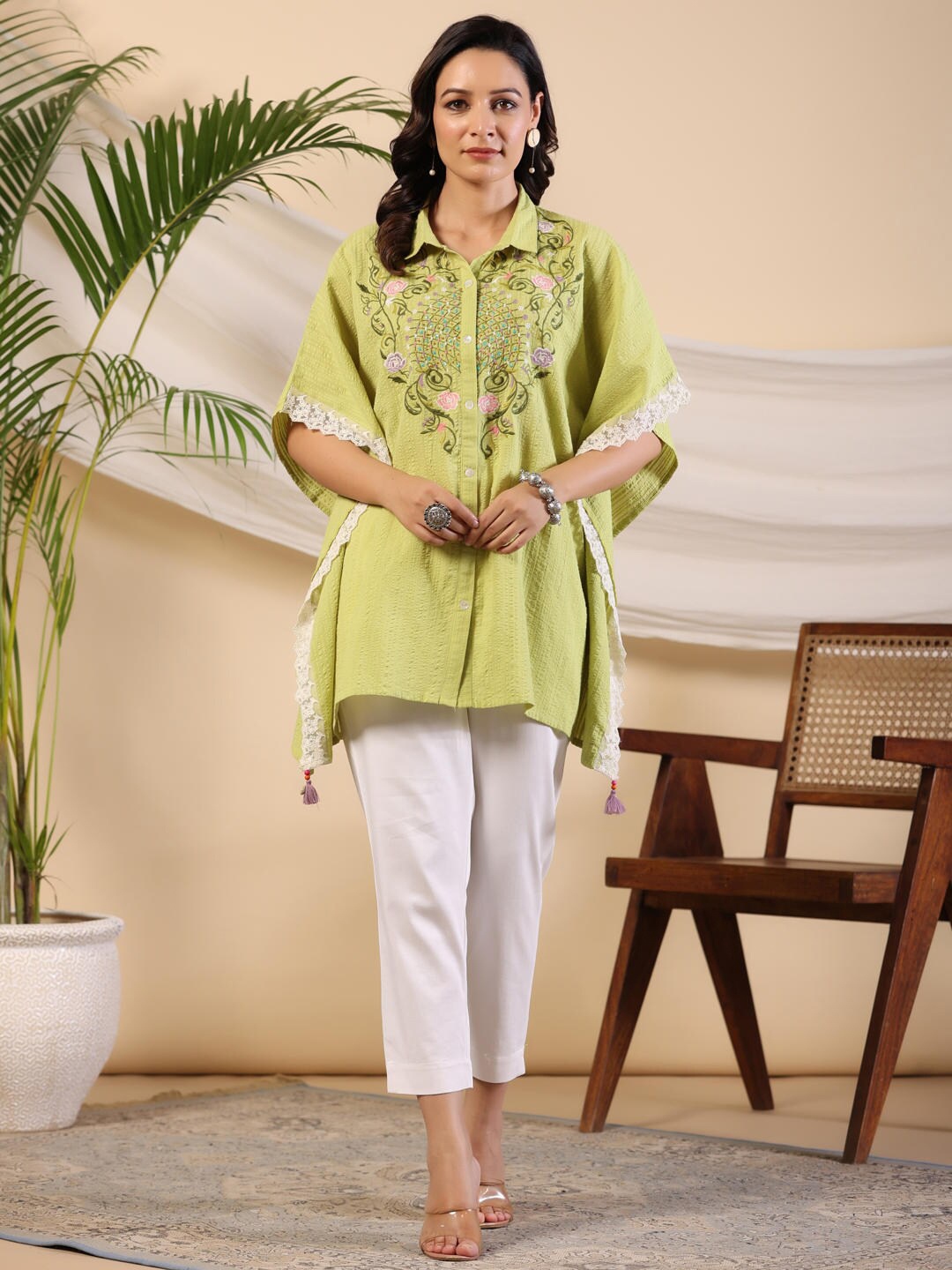 

Juniper Shirt Collar Embroidered Seersucker kaftan Tunic, Lime green