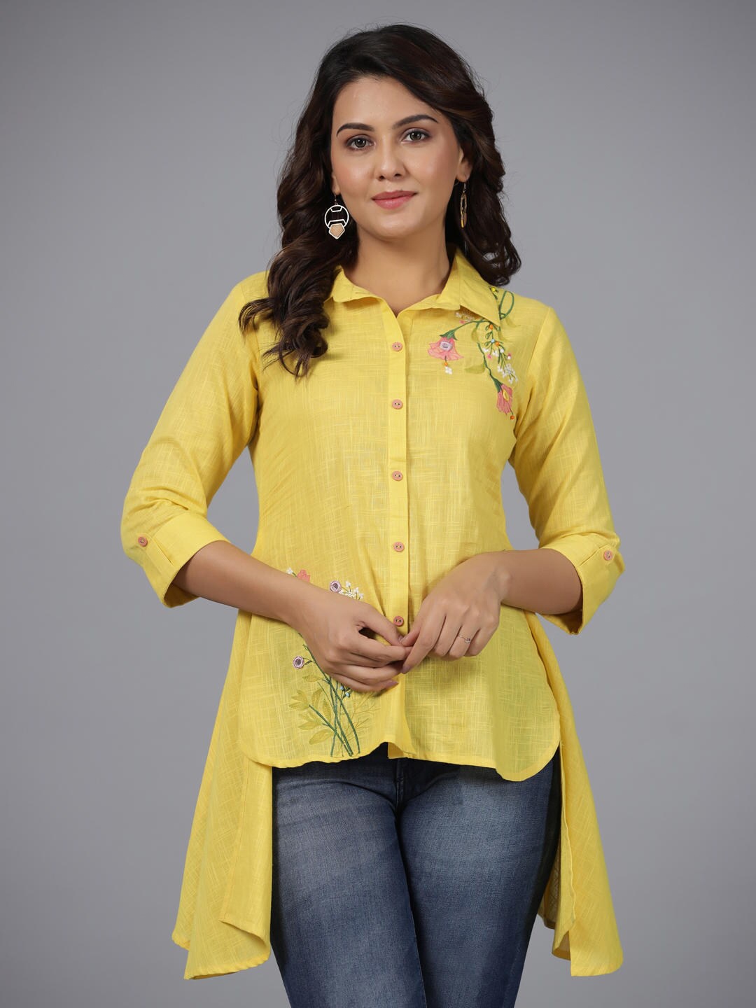 

Juniper Shirt Collar Embroidered Cotton High-Low Tunic, Yellow