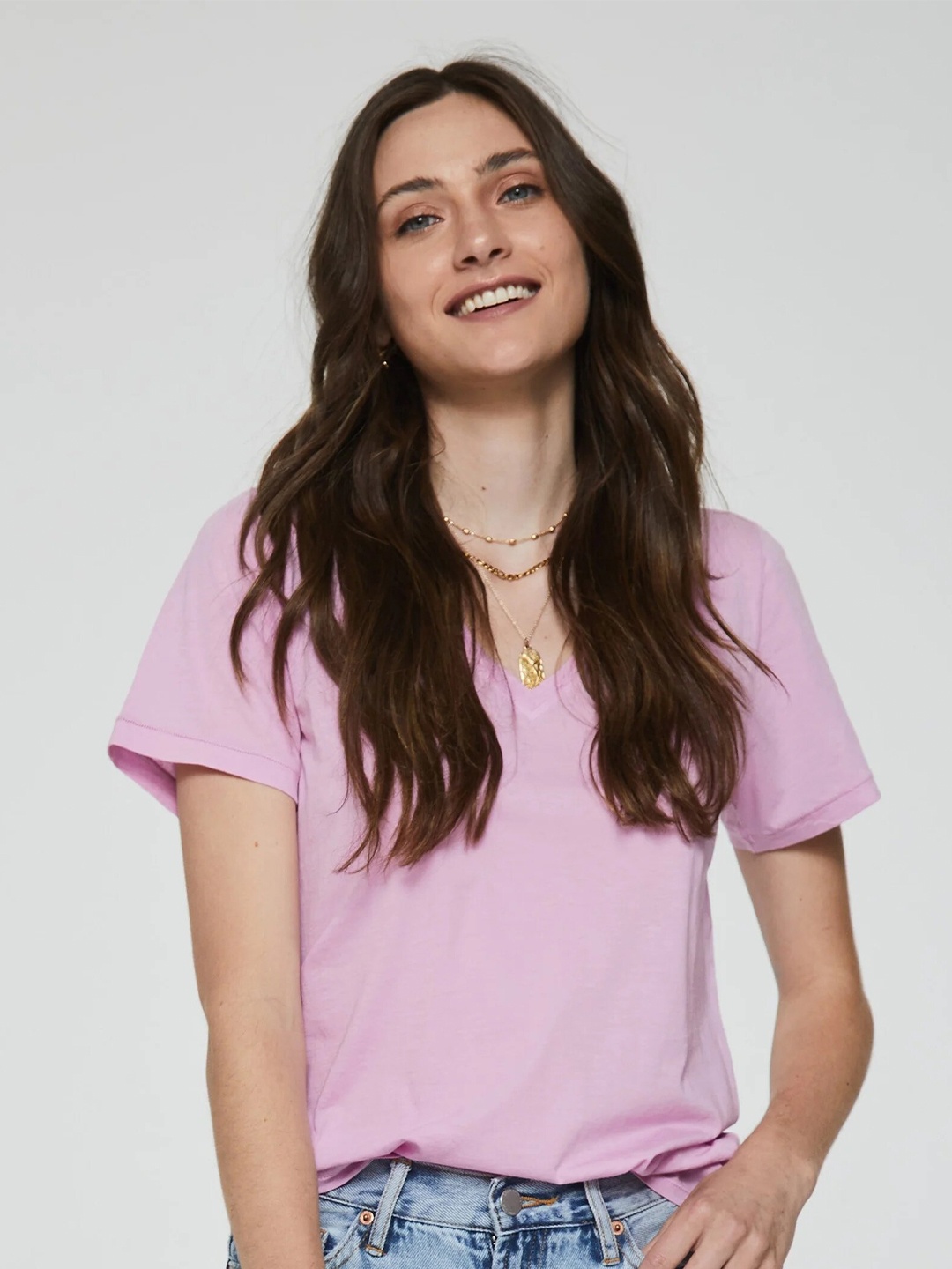 COLOR CAPITAL V-Neck Short Sleeves Top, Pink