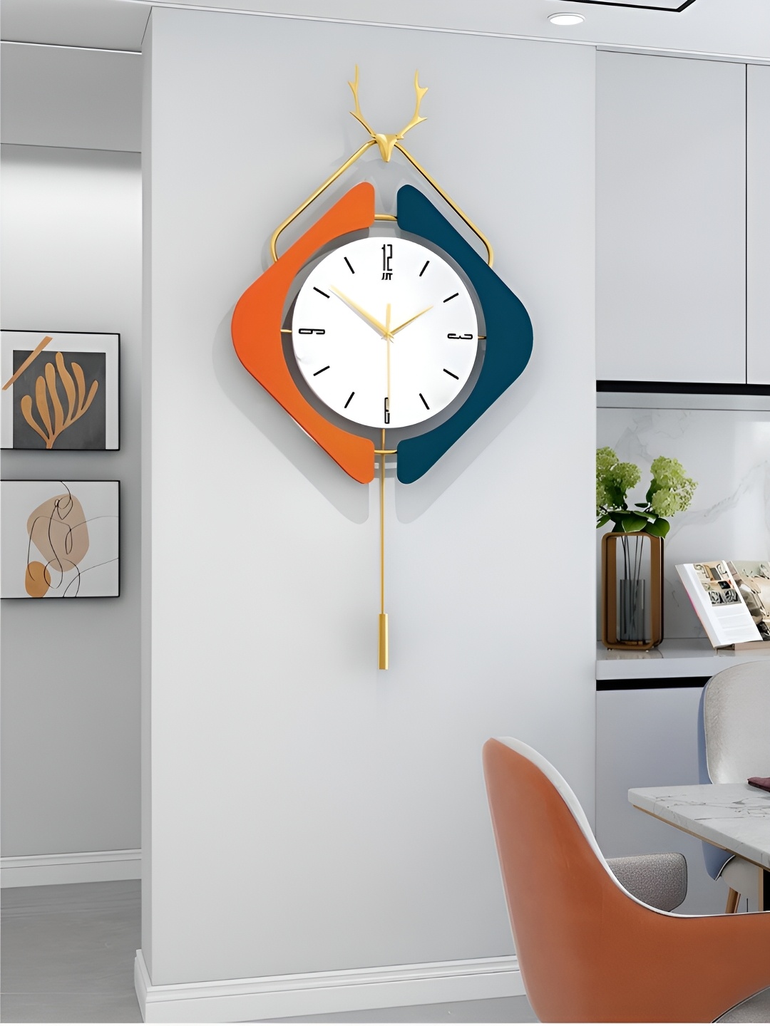 

The Art House White & Orange Colourblocked Abstract Shaped Traditional Wall Clock