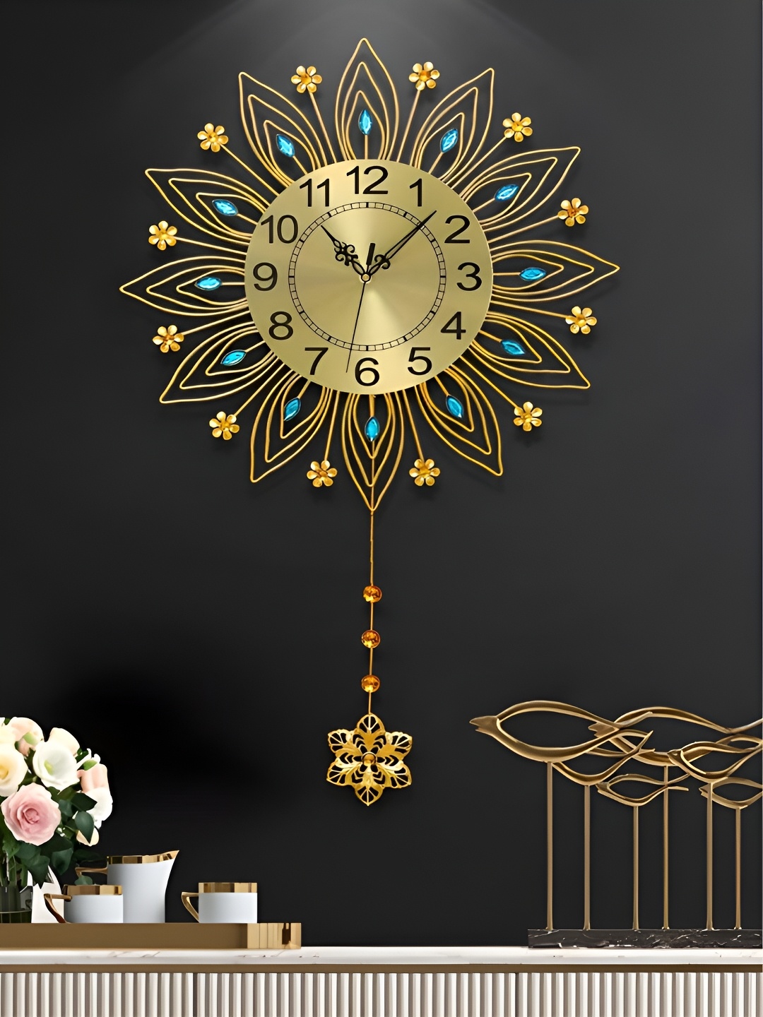 

The Art House Blue & Yellow Printed Floral Traditional Analogue Metal Wall Clock