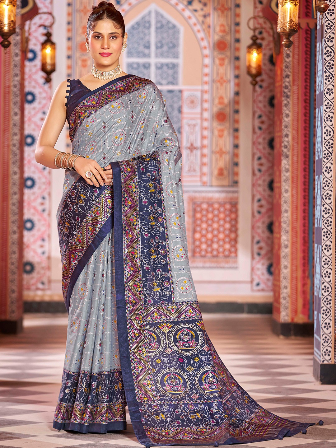 

Divyadham Textiles Ethnic Motifs Zari Pure Silk Banarasi Saree, Blue