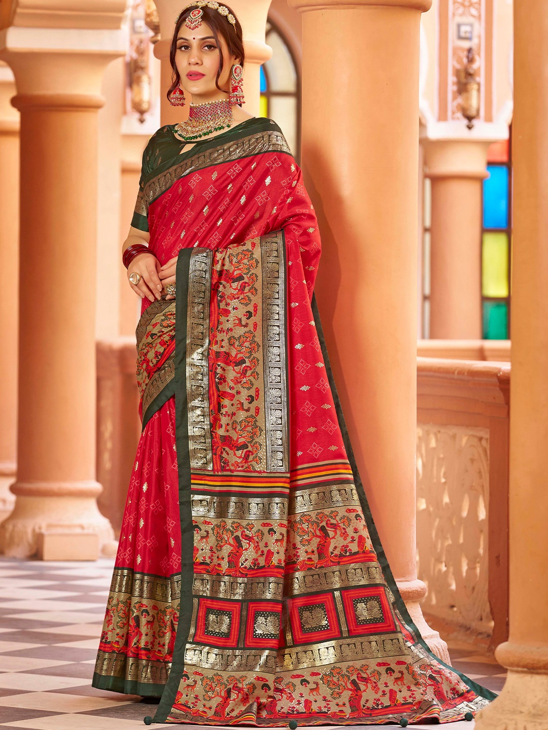 

Divyadham Textiles Bandhani Zari Pure Silk Banarasi Saree, Red