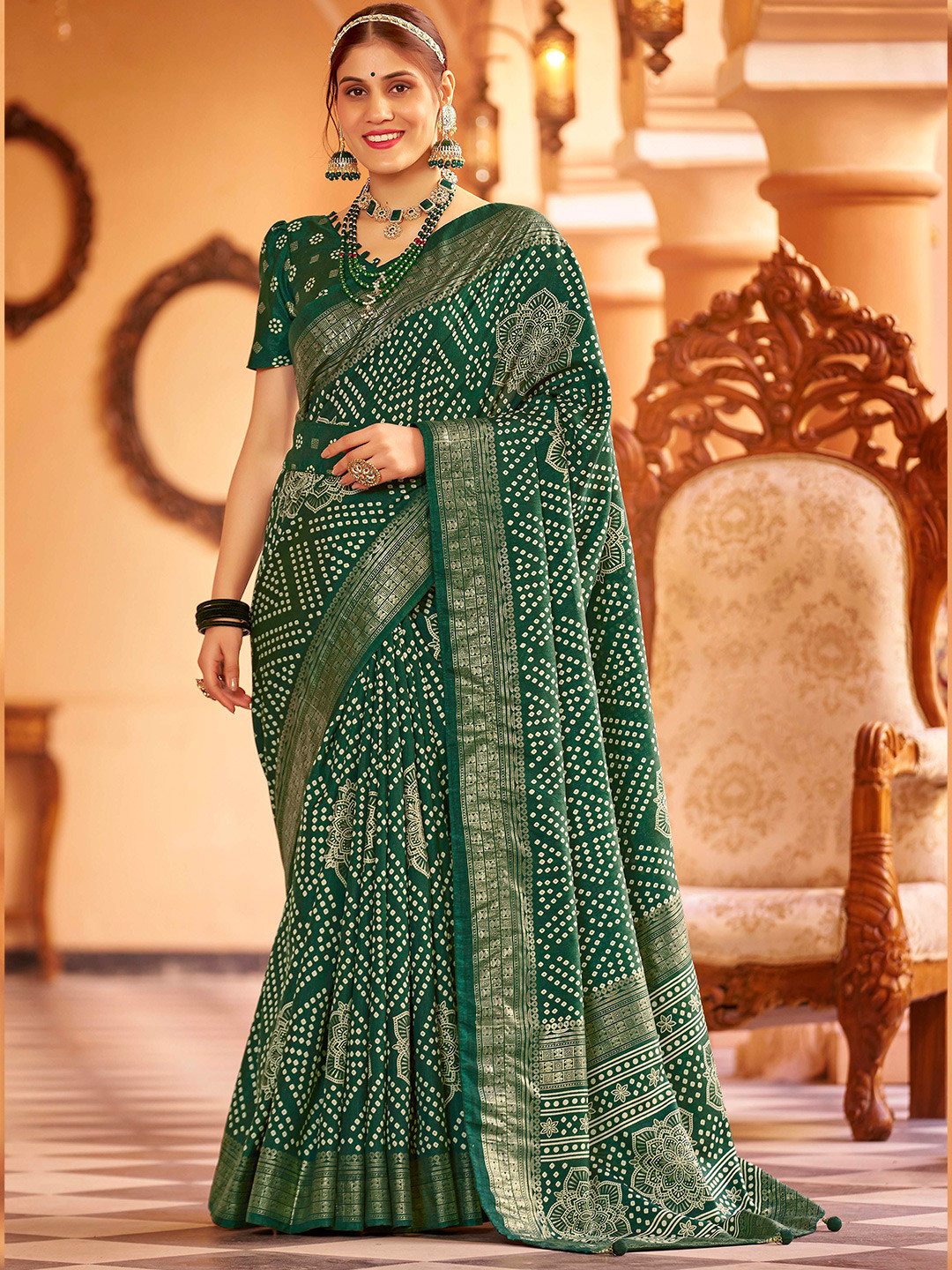 

Divyadham Textiles Bandhani Printed Zari Pure Silk Bandhani Saree, Green
